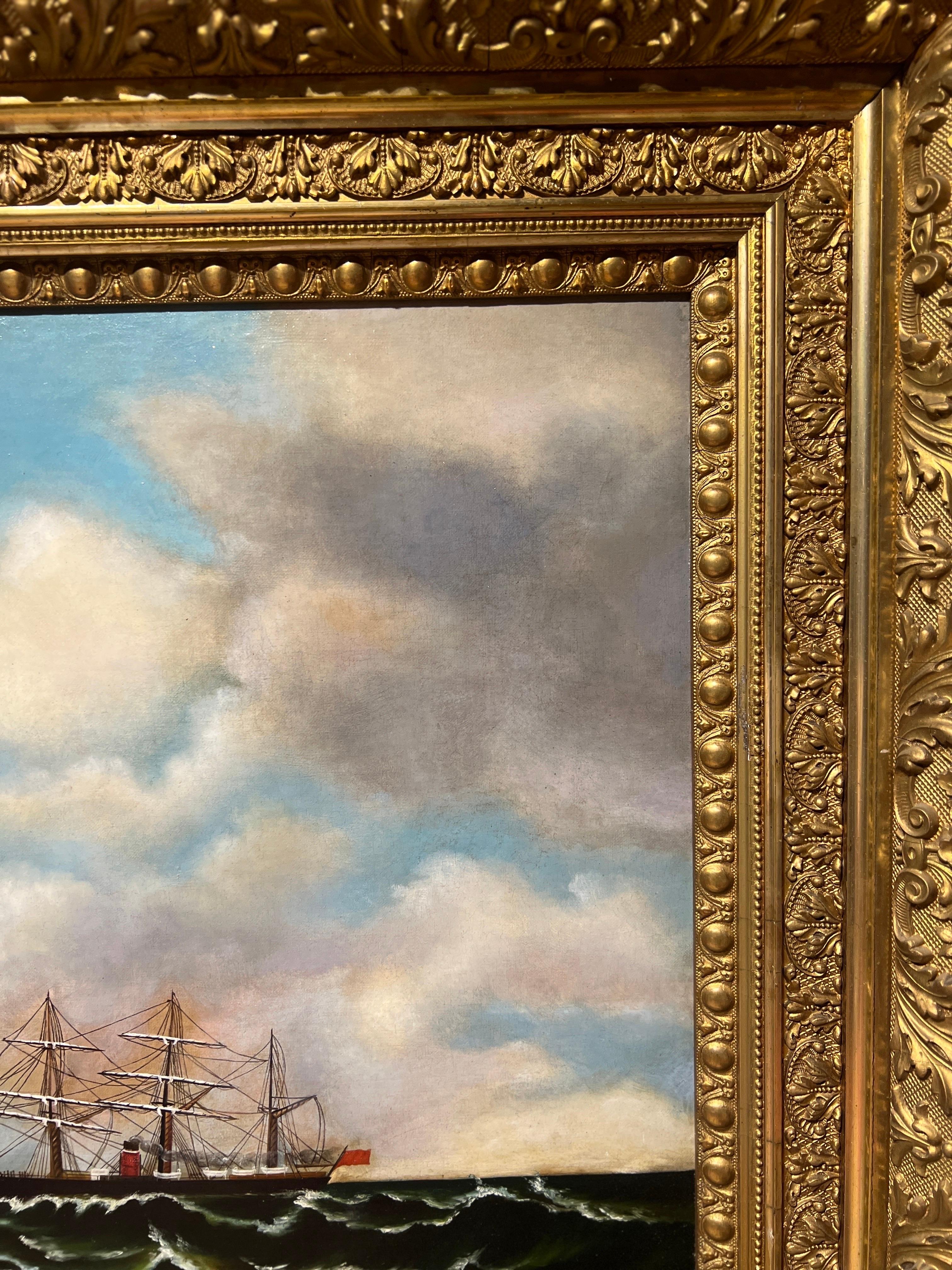 Grande huile sur toile Union Clipper Ship originale dans un cadre ancien orné en vente 4