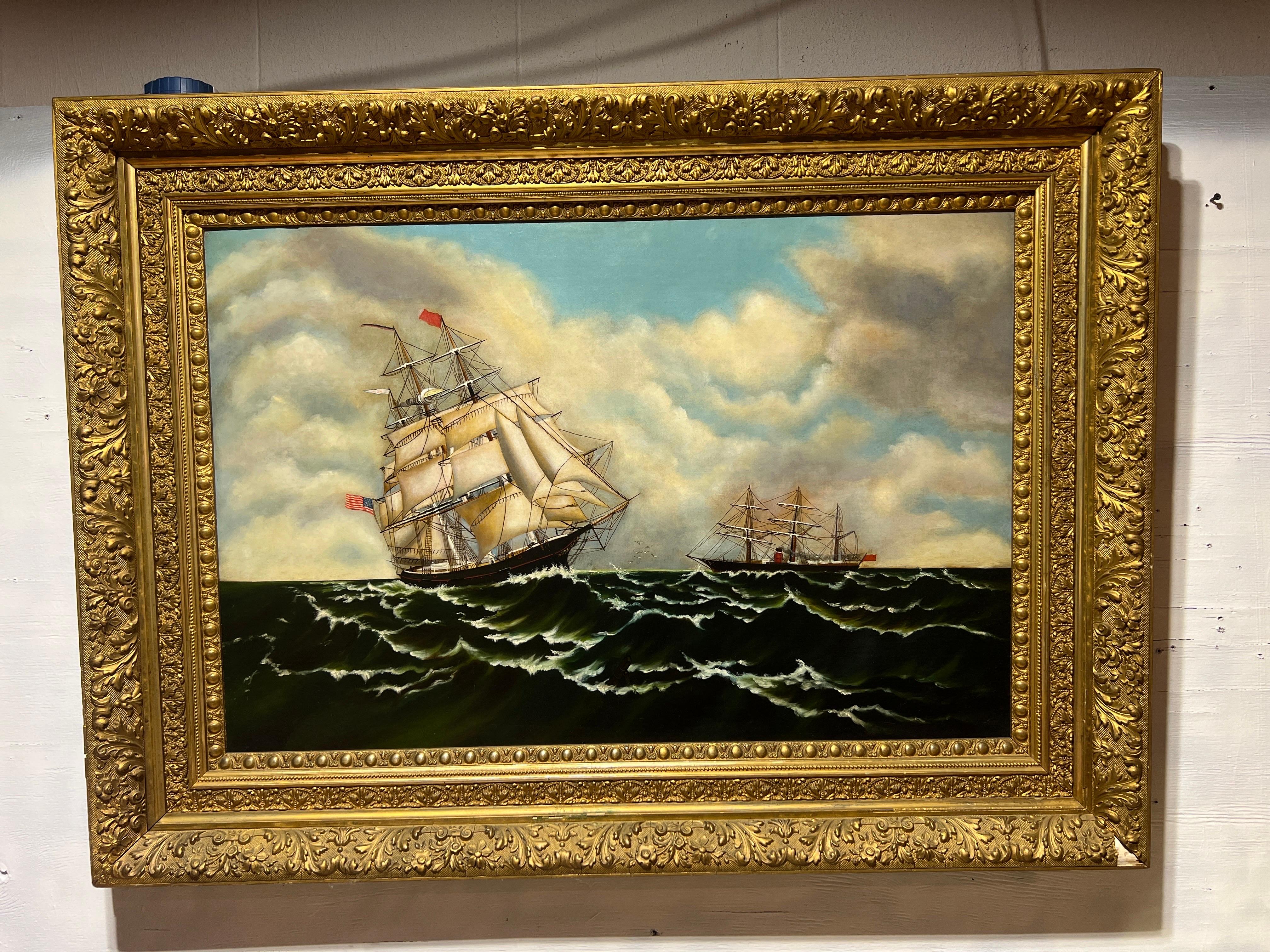 American School, painting likely done in the mid 20th century and set in a 19th century frame. 

This is a very well done nautical painting of a Union Clipper ship and naval ship sailing on rough seas. I am unfortunately unable to attribute an