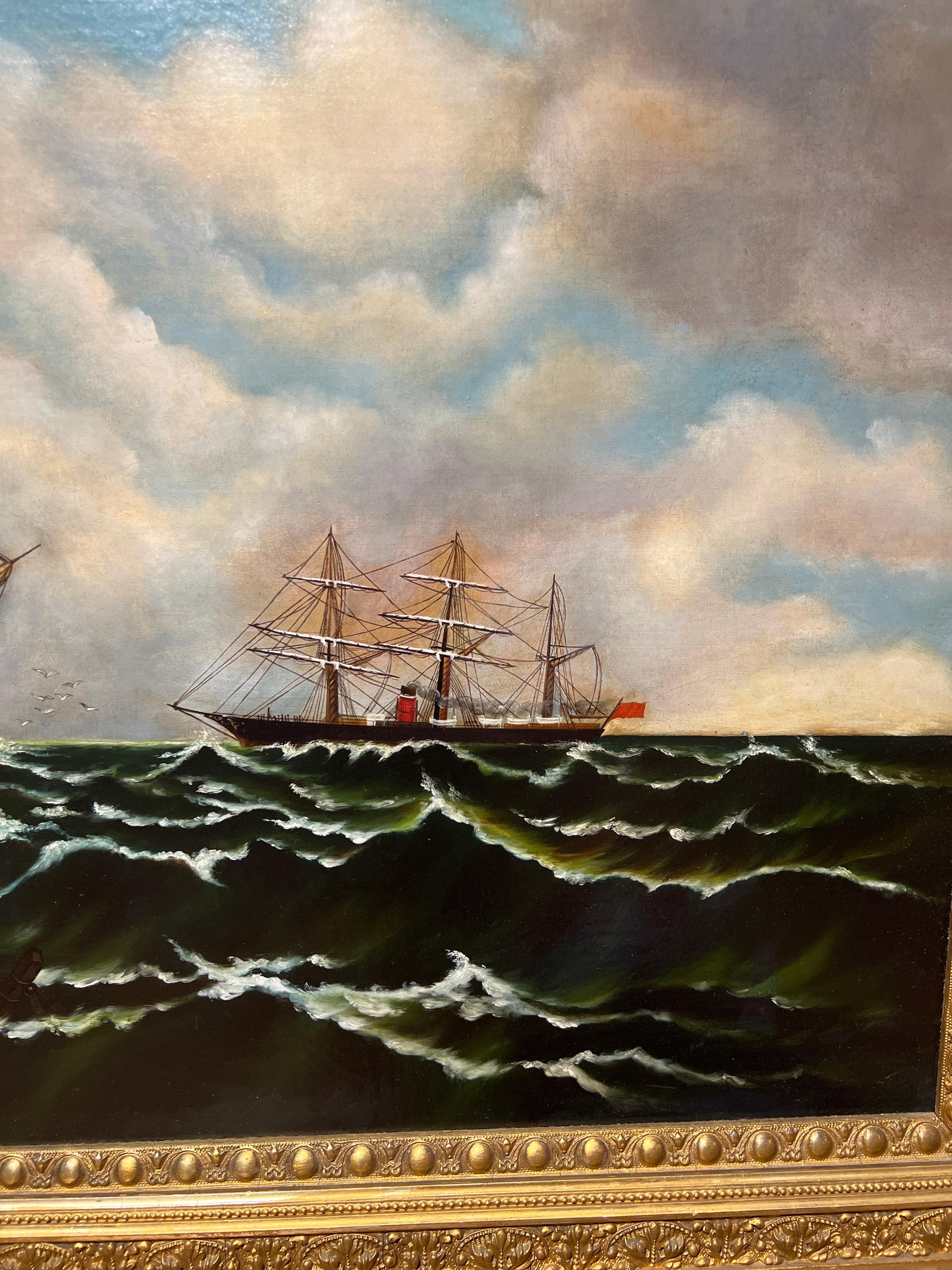 American Large Scale Original Union Clipper Ship Oil On Canvas In Ornate Antique Frame For Sale