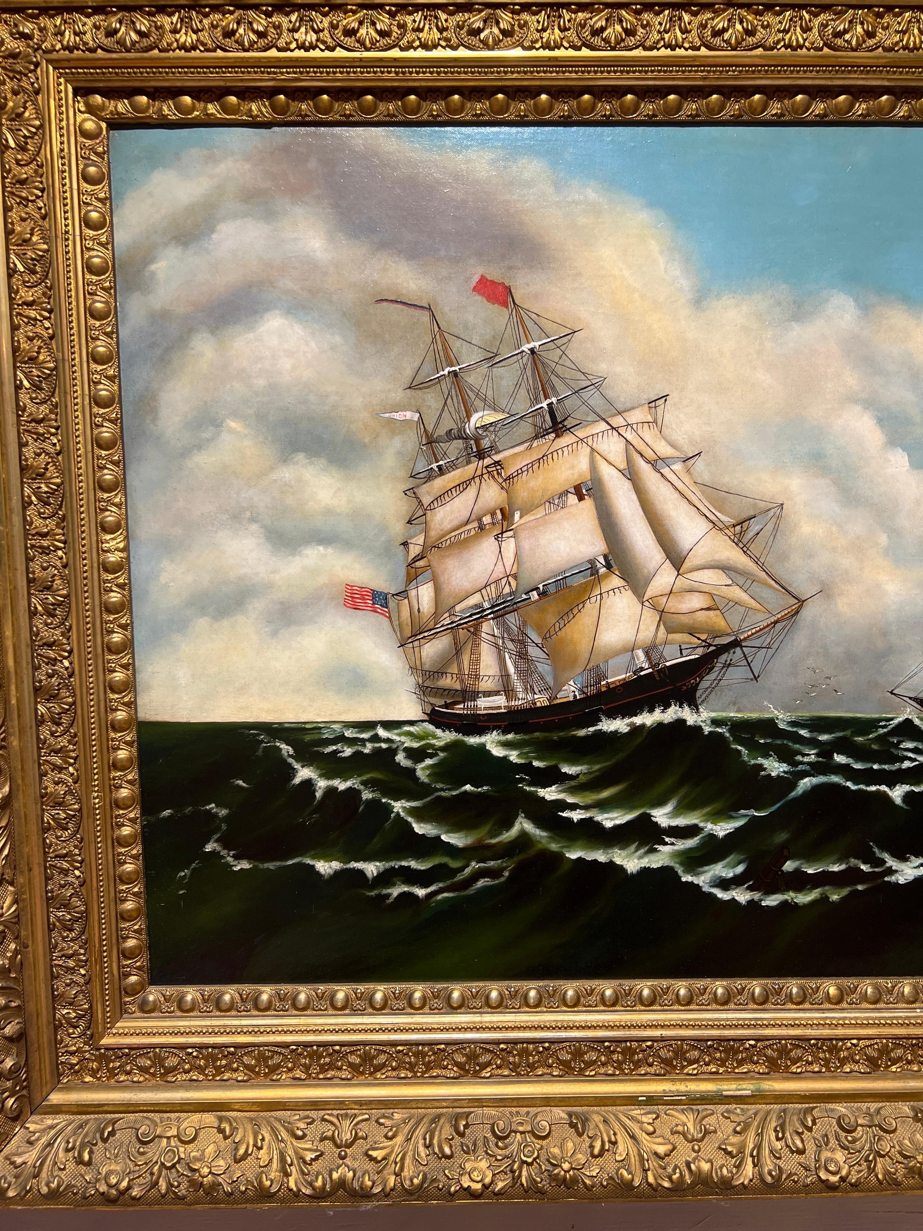 Large Scale Original Union Clipper Ship Oil On Canvas In Ornate Antique Frame In Good Condition For Sale In Atlanta, GA