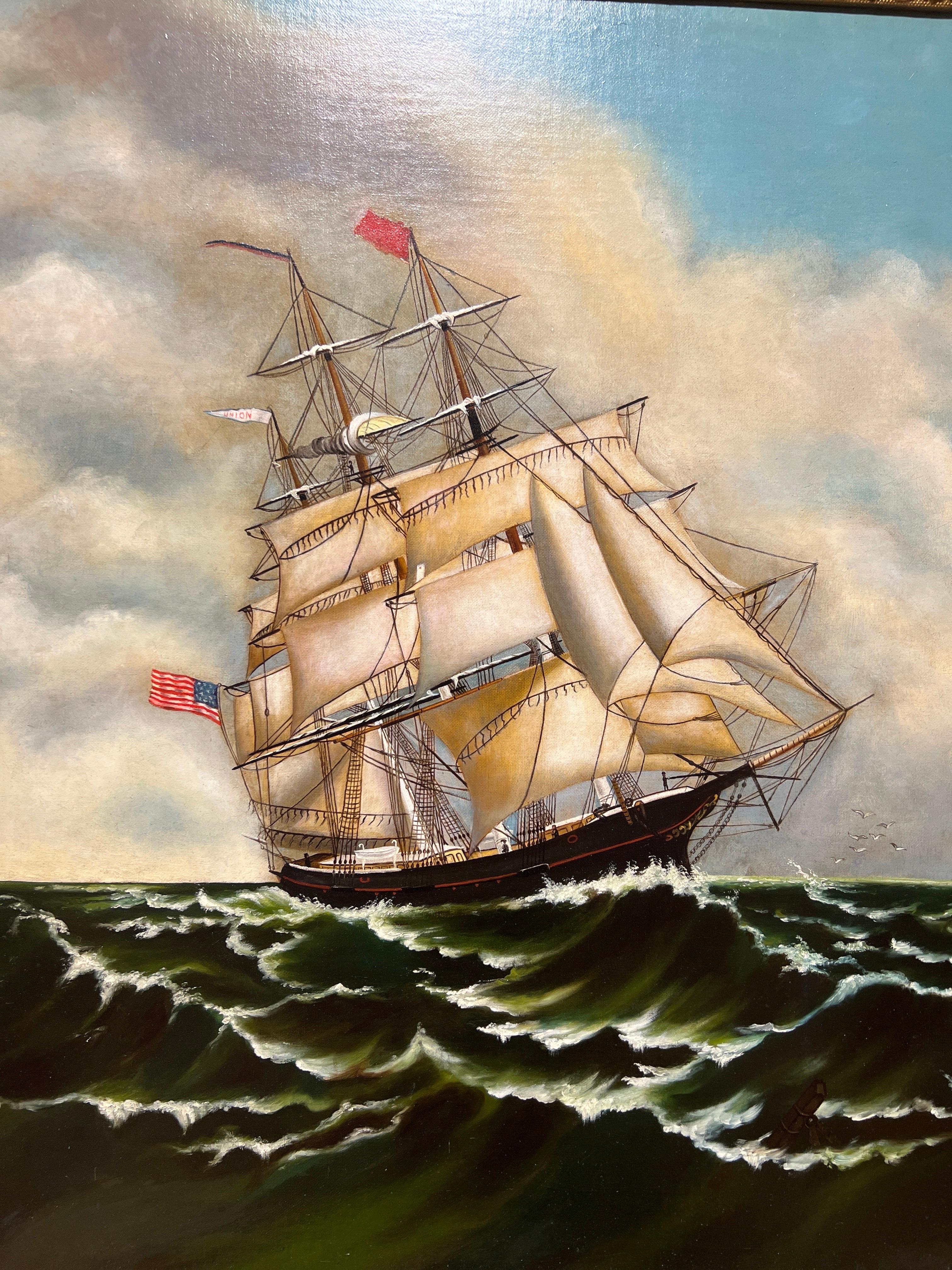 20th Century Large Scale Original Union Clipper Ship Oil On Canvas In Ornate Antique Frame For Sale