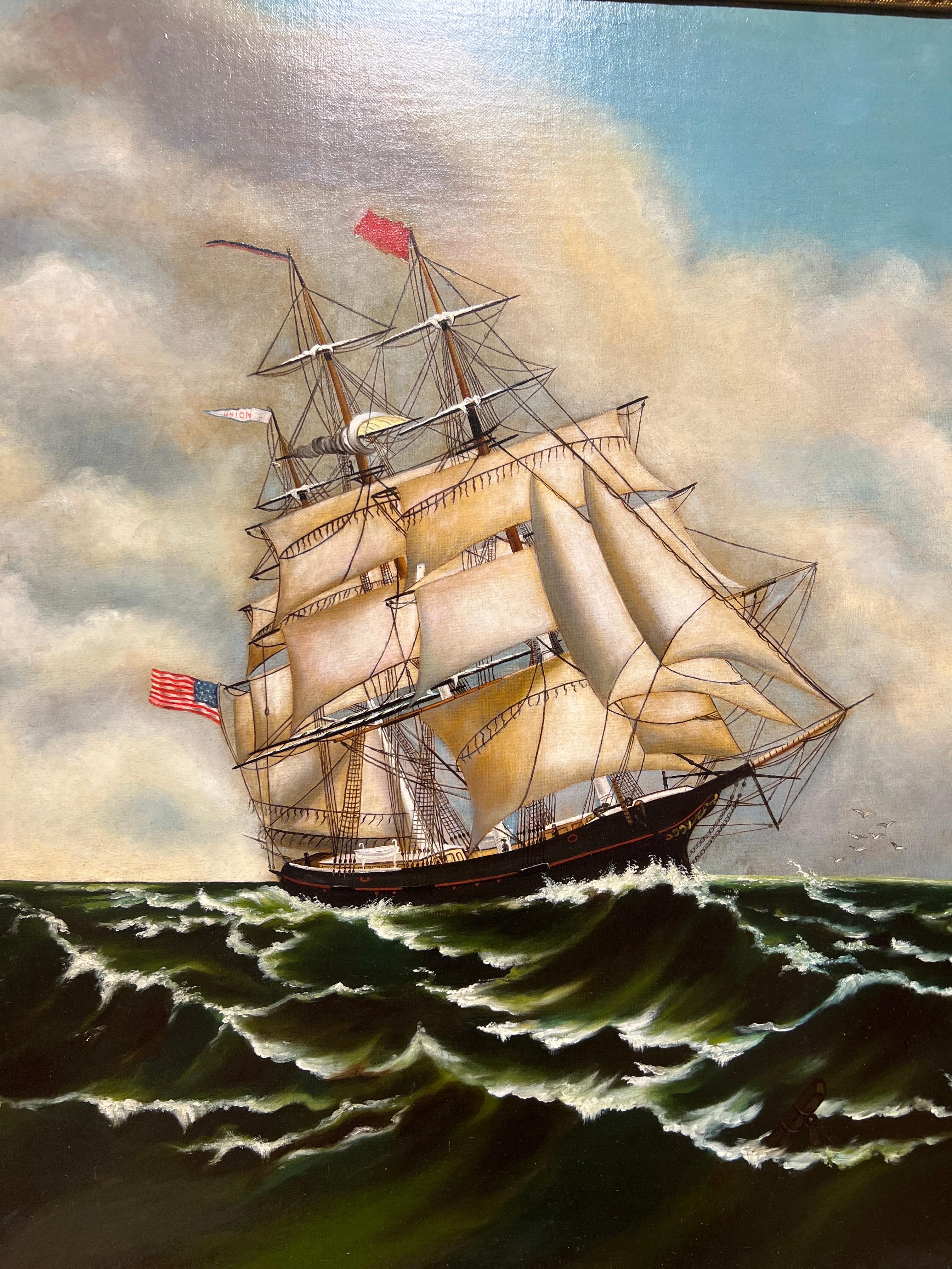 20ième siècle Grande huile sur toile Union Clipper Ship originale dans un cadre ancien orné en vente