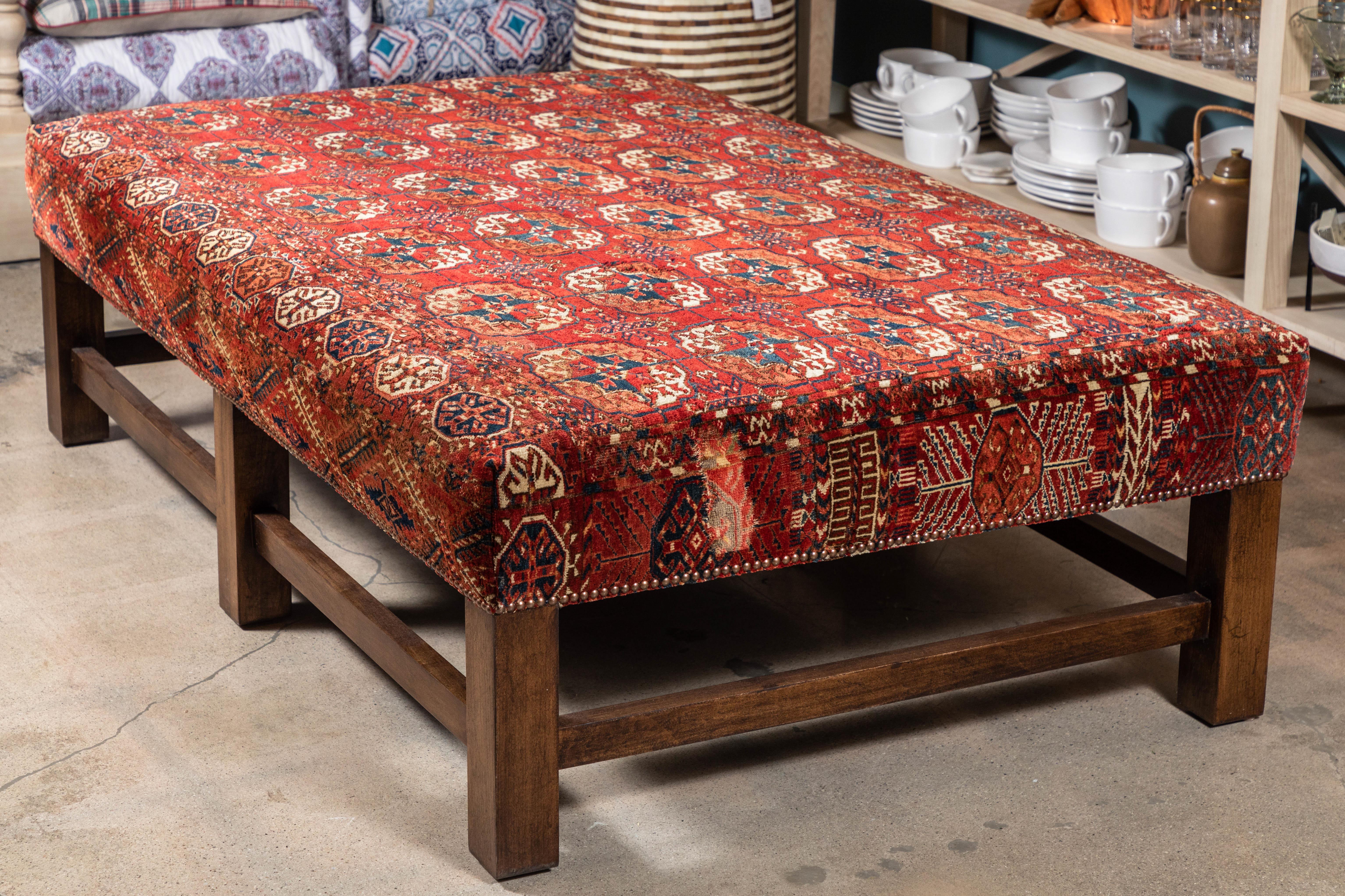 Wool Large Scale Ottoman Upholstered with a Vintage Rug Textile