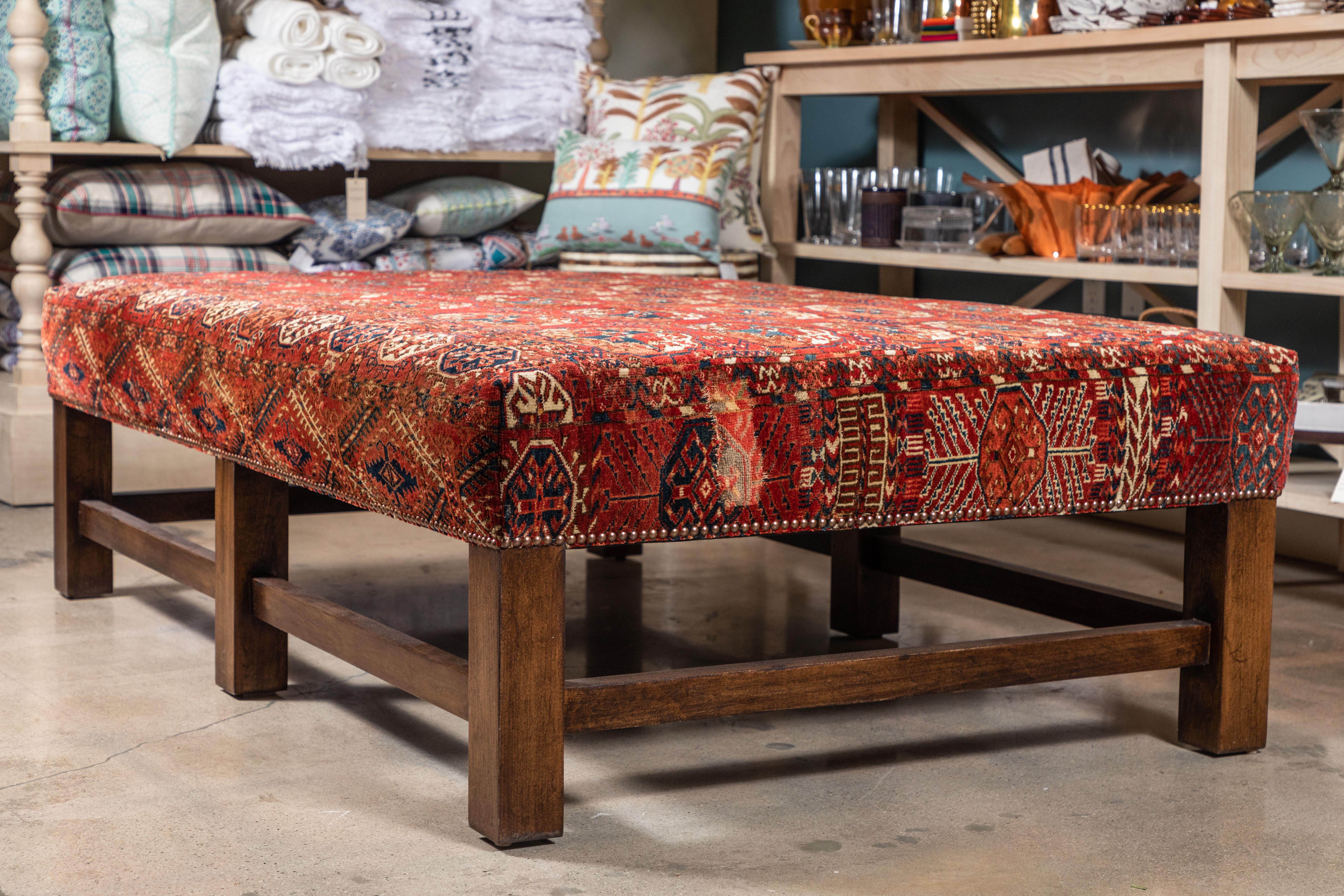 Large Scale Ottoman Upholstered with a Vintage Rug Textile 1