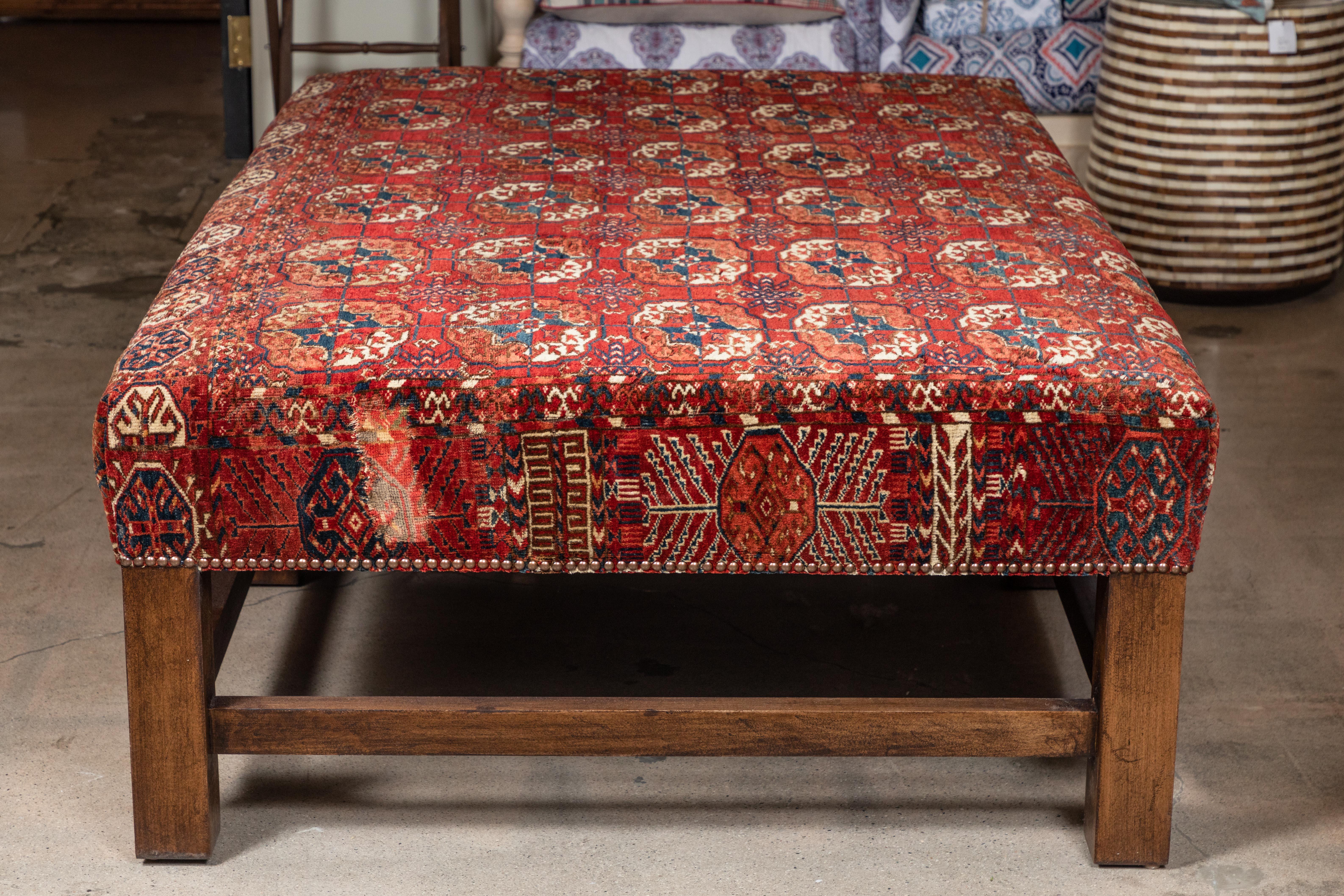 Arts and Crafts Large Scale Ottoman Upholstered with a Vintage Rug Textile
