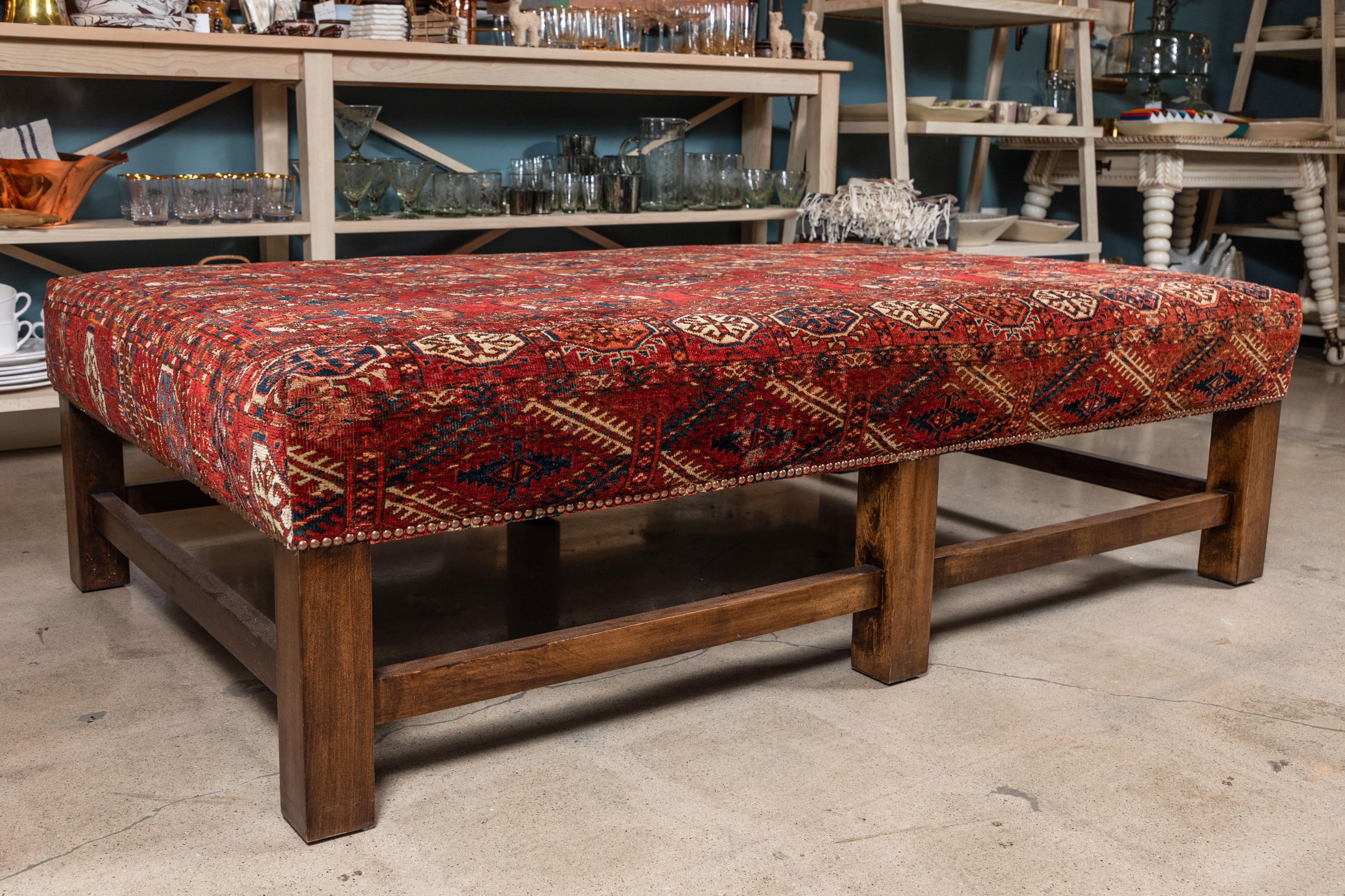 Woven Large Scale Ottoman Upholstered with a Vintage Rug Textile