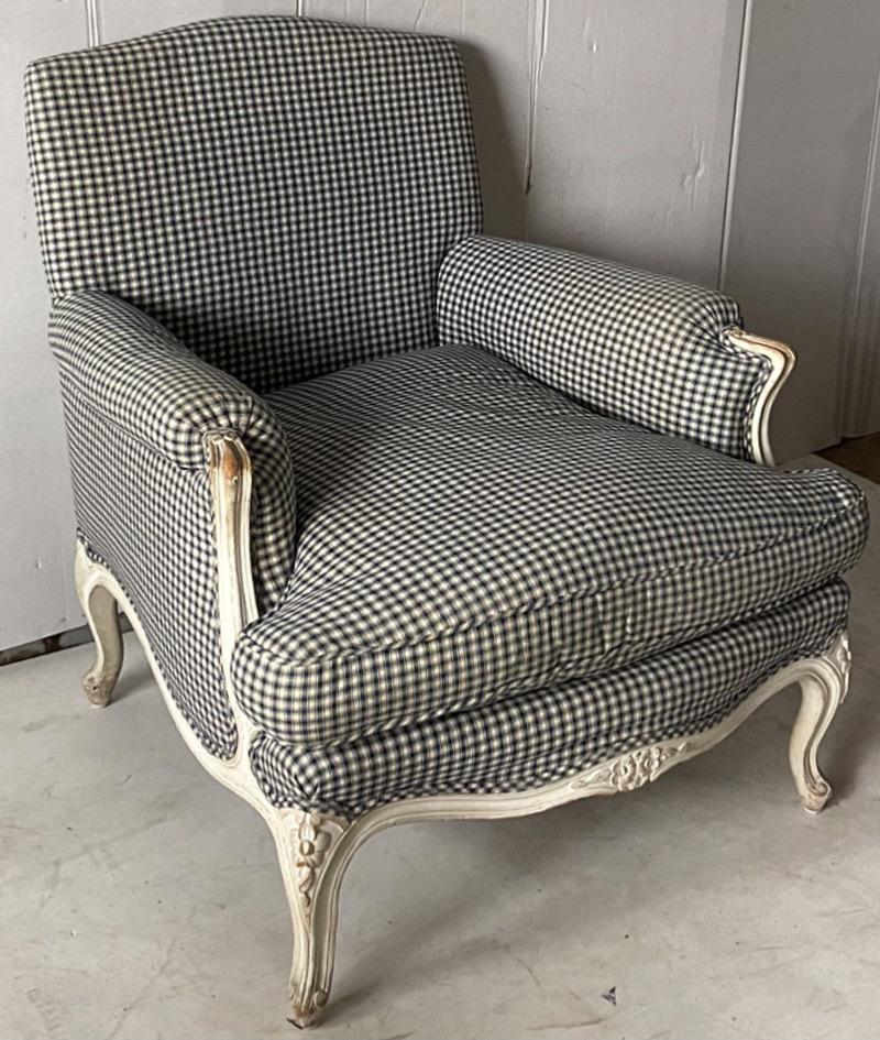 French Provincial Large Scale Painted English Club Chairs with French Styling in Blue / Ecru Check