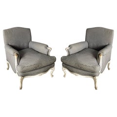 Large Scale Painted English Club Chairs with French Styling in Blue / Ecru Check