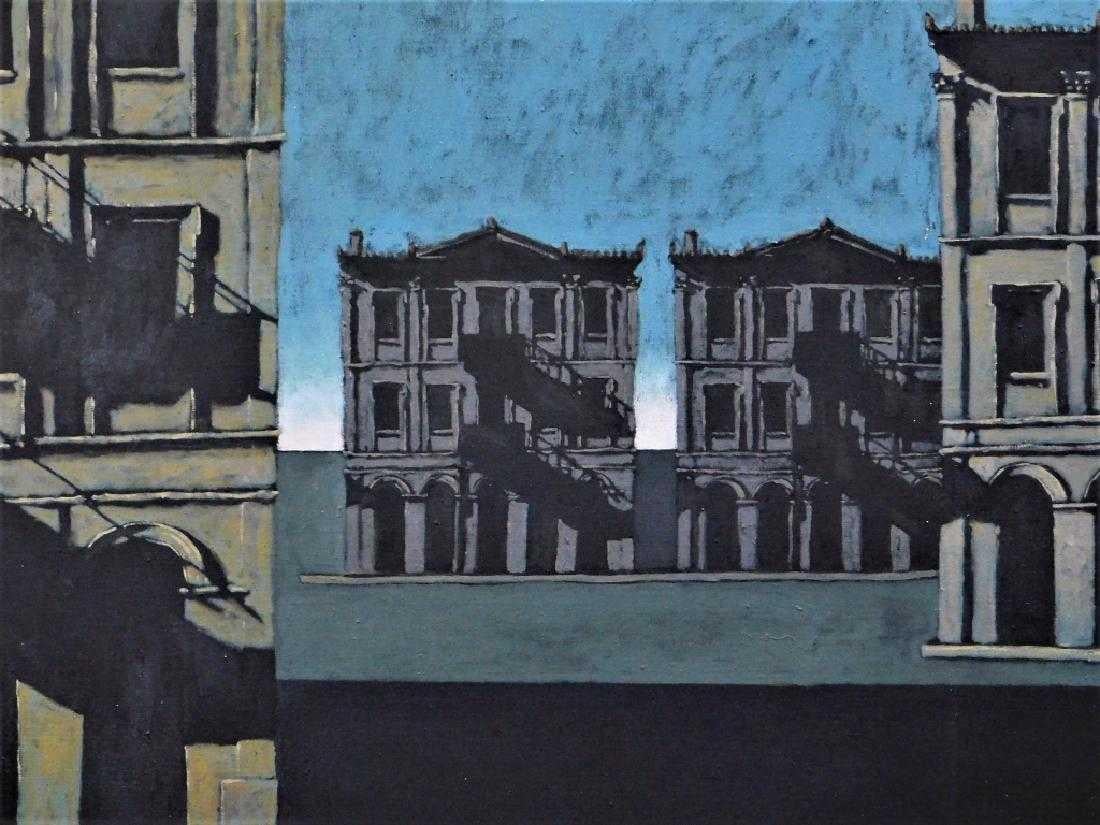 John Gregoropoulos modernist urban architecture pop-art painting in the Italian Metaphysical style of Giorgio De Chirico with elements of the melancholic works of Edward Hopper.
John Gregoropoulos: Connecticut, Massachusetts, Greece,
