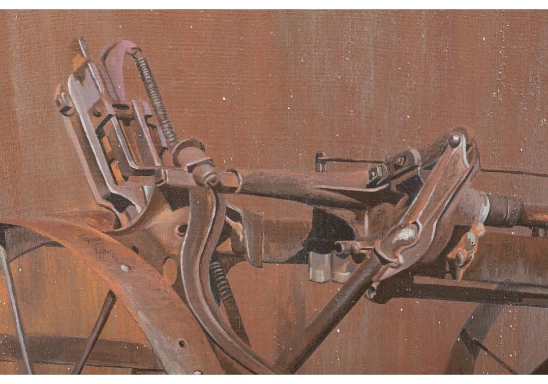 Large scale oil on canvas depicting an antique iron tractor set partially against a brown barren ground with a contrasting green vibrant vertical band. Some areas of the canvas in a textured composition adding dimension and depth.
Unframed with a