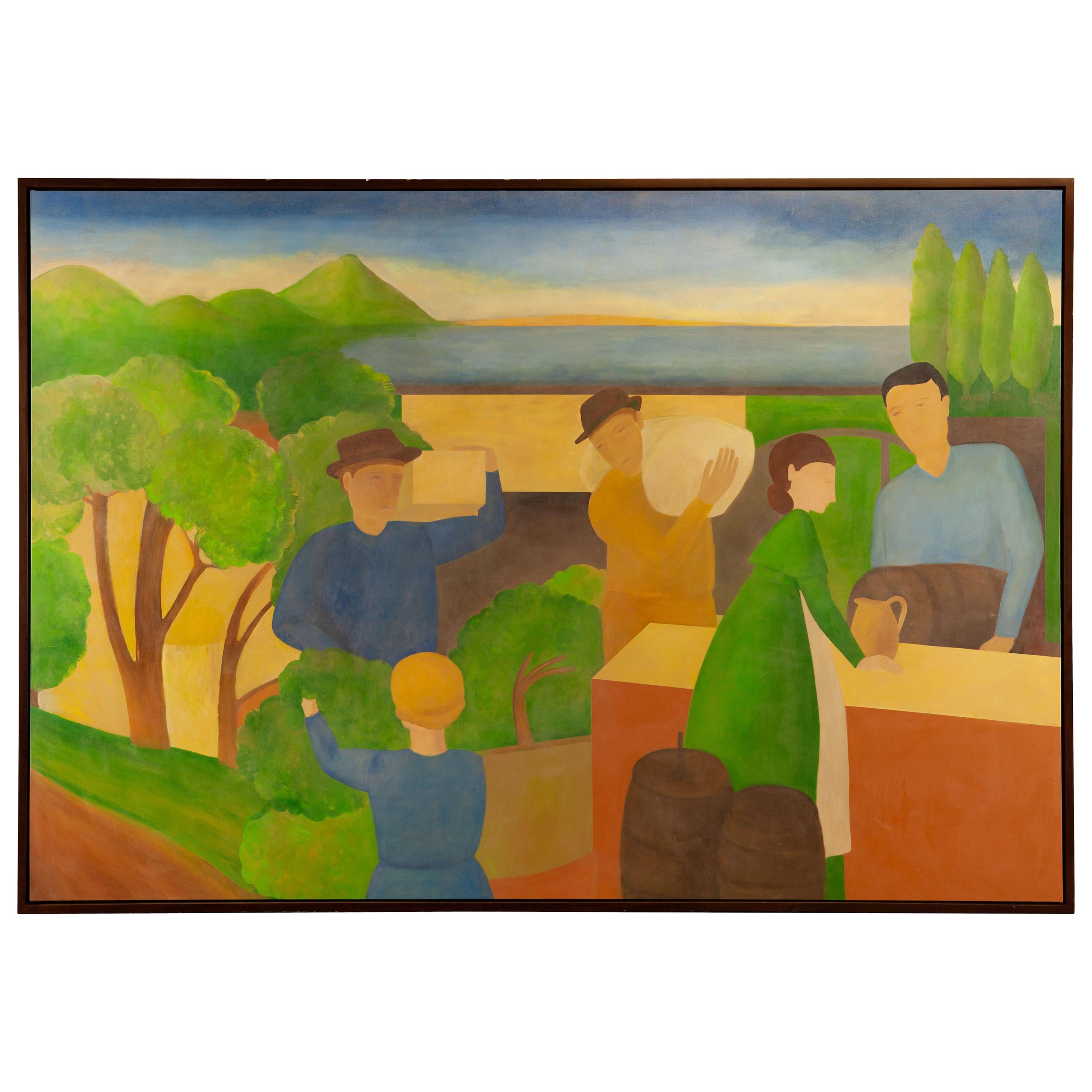 Large Scale Painting of Landscape and Market with Trees and Cyprus by Alisa Garr