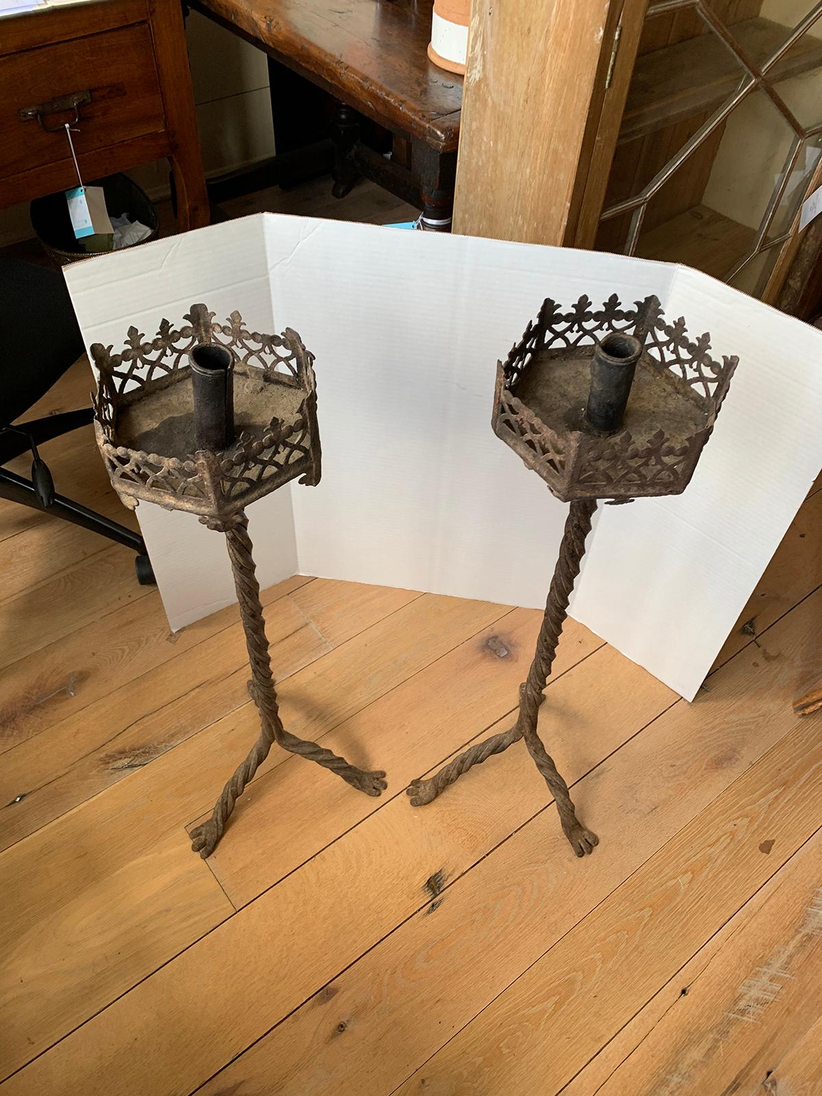 Large Scale Pair of 19th Century Continental Iron Prickets with Candlesticks For Sale 13