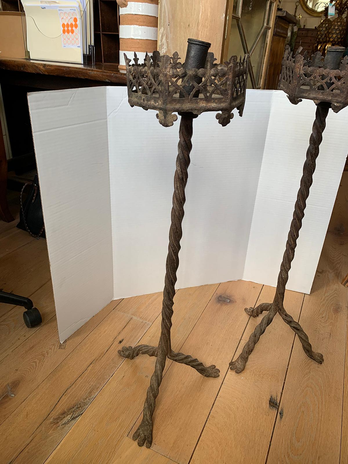 Large Scale Pair of 19th Century Continental Iron Prickets with Candlesticks For Sale 1