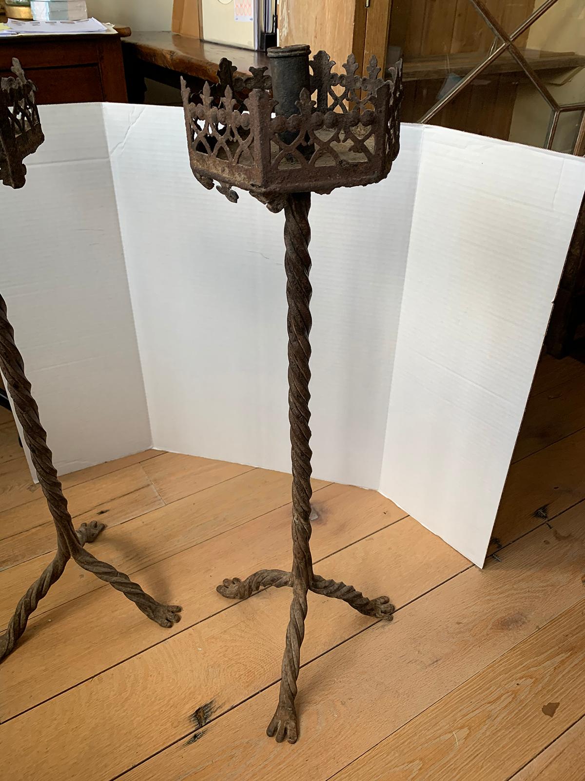 Large Scale Pair of 19th Century Continental Iron Prickets with Candlesticks For Sale 2