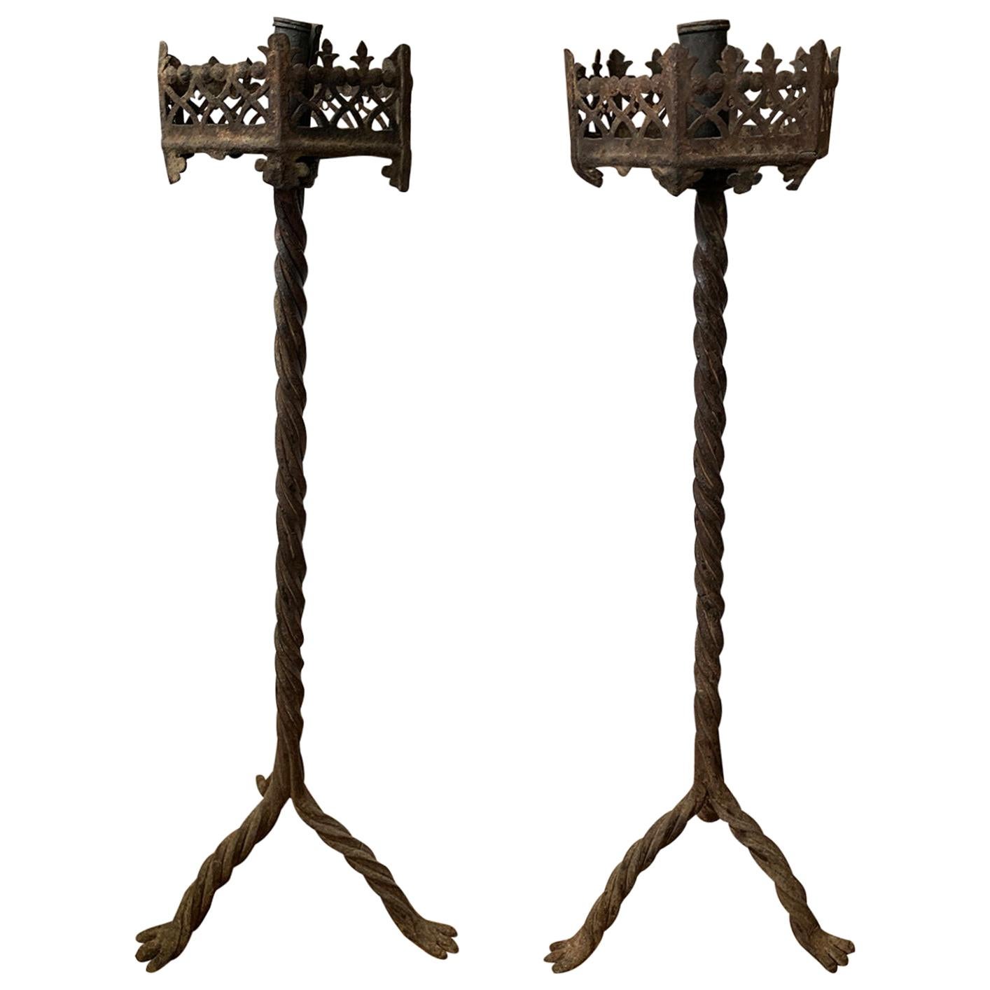 Large Scale Pair of 19th Century Continental Iron Prickets with Candlesticks For Sale