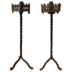 Large Scale Pair of 19th Century Continental Iron Prickets with Candlesticks