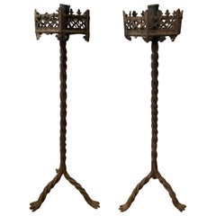 Large Scale Pair of 19th Century Continental Iron Prickets with Candlesticks