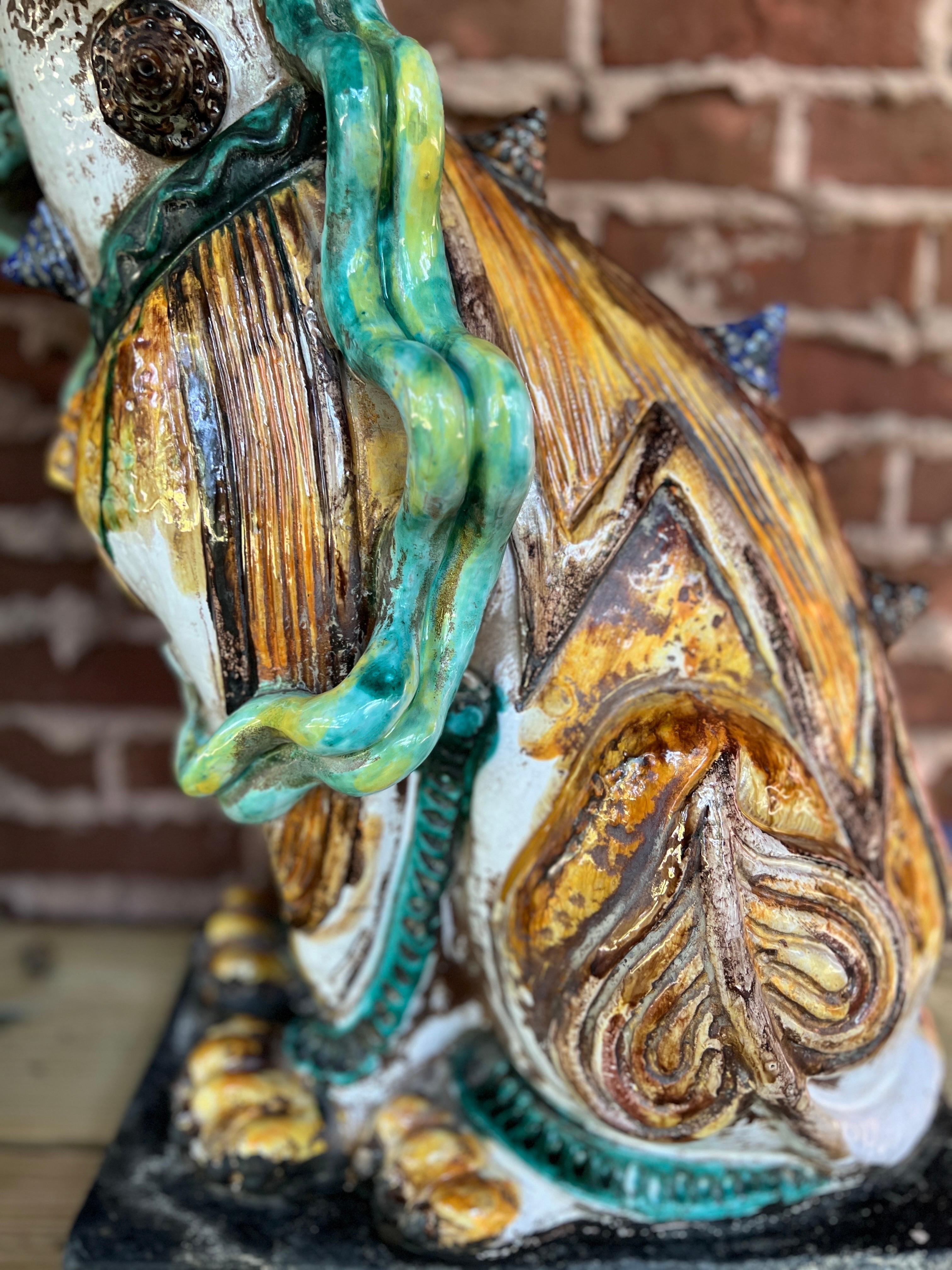 Large Scale Pair of Antique Majolica Ceramic Glazed Guardian Lions or Foo Dogs 6
