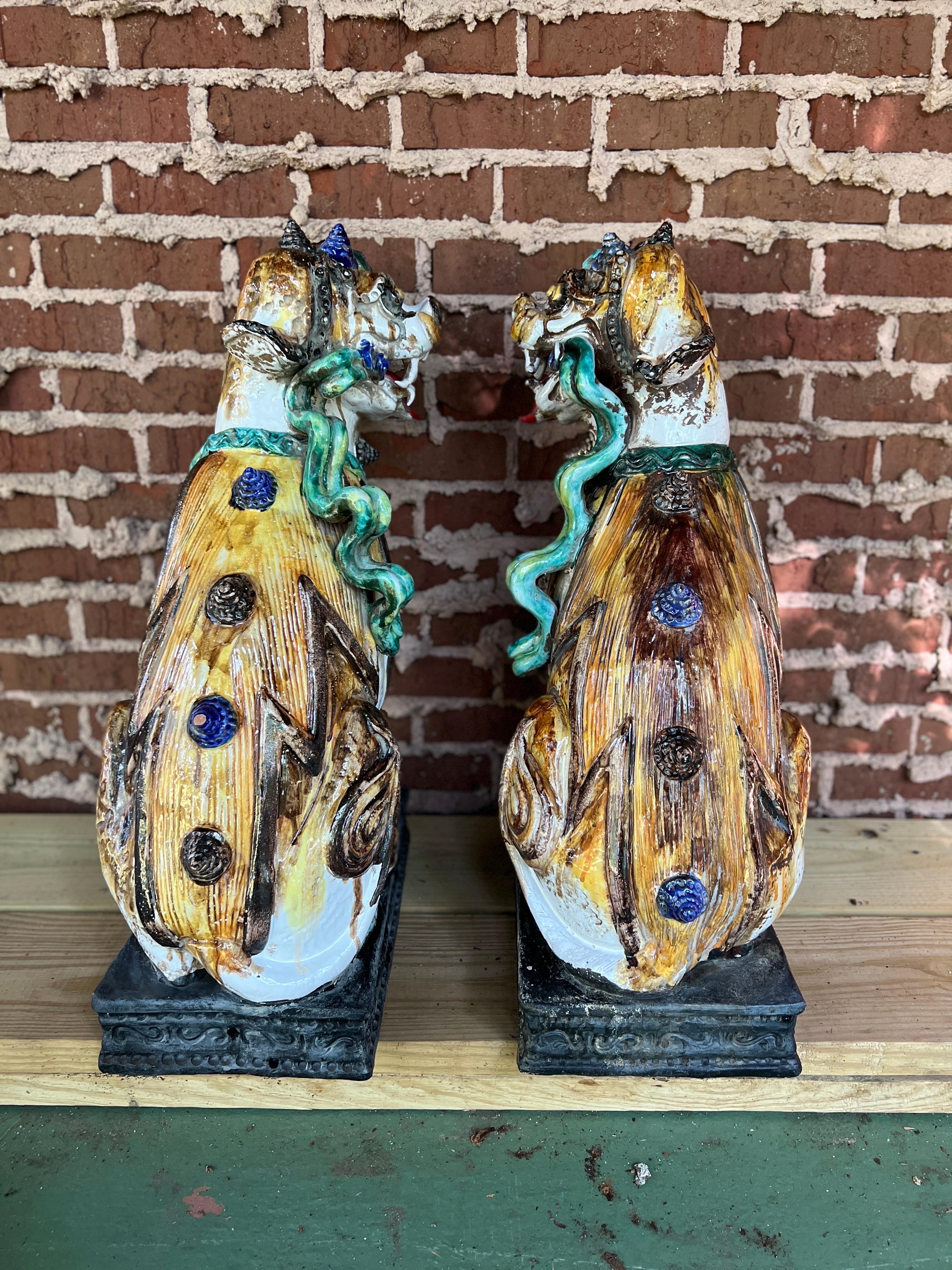 Large Scale Pair of Antique Majolica Ceramic Glazed Guardian Lions or Foo Dogs 7