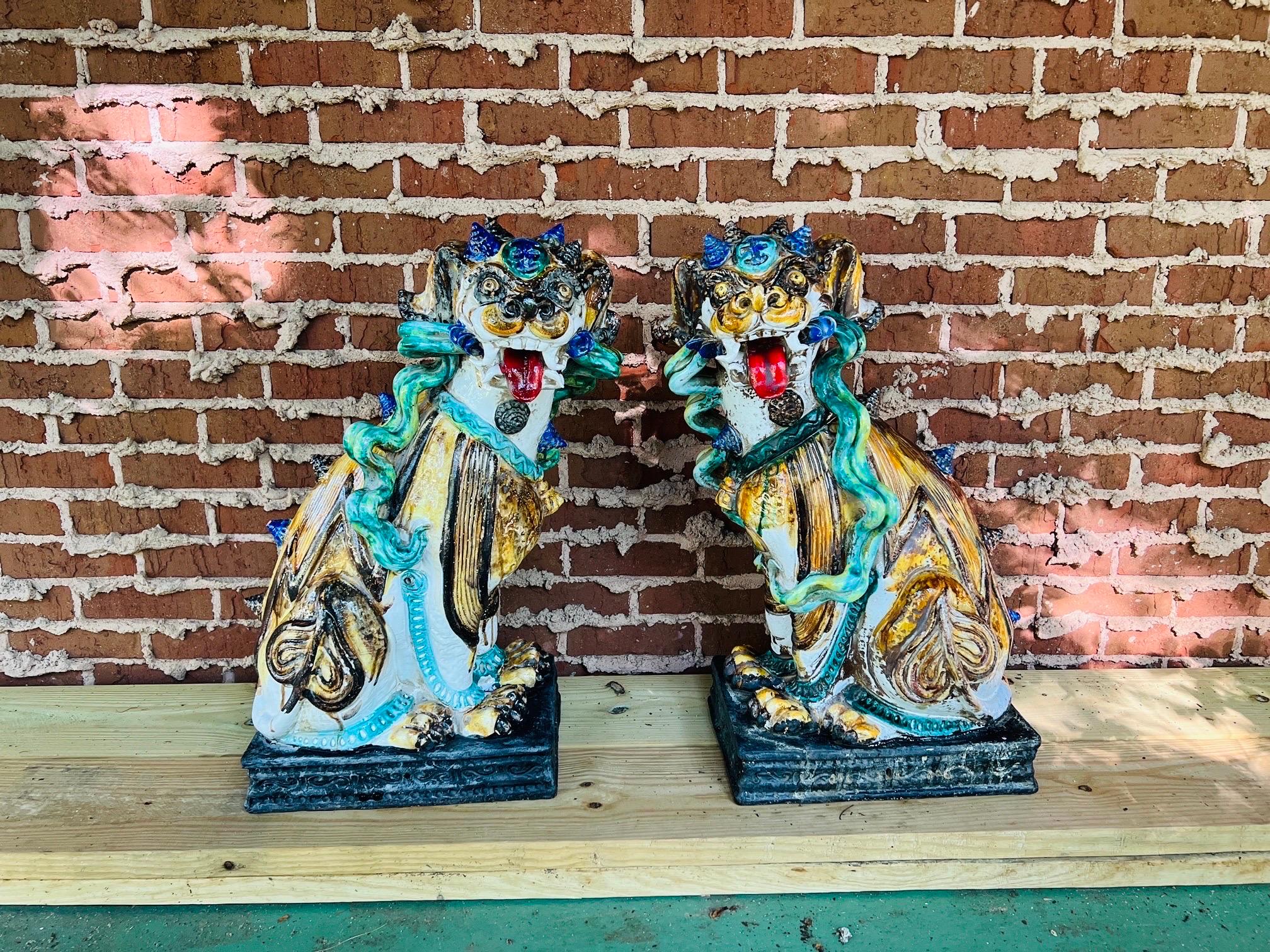 Large Scale Pair of Antique Majolica Ceramic Glazed Guardian Lions or Foo Dogs 10