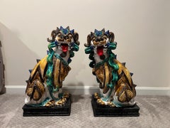 Large Scale Pair of Antique Majolica Ceramic Glazed Guardian Lions or Foo Dogs