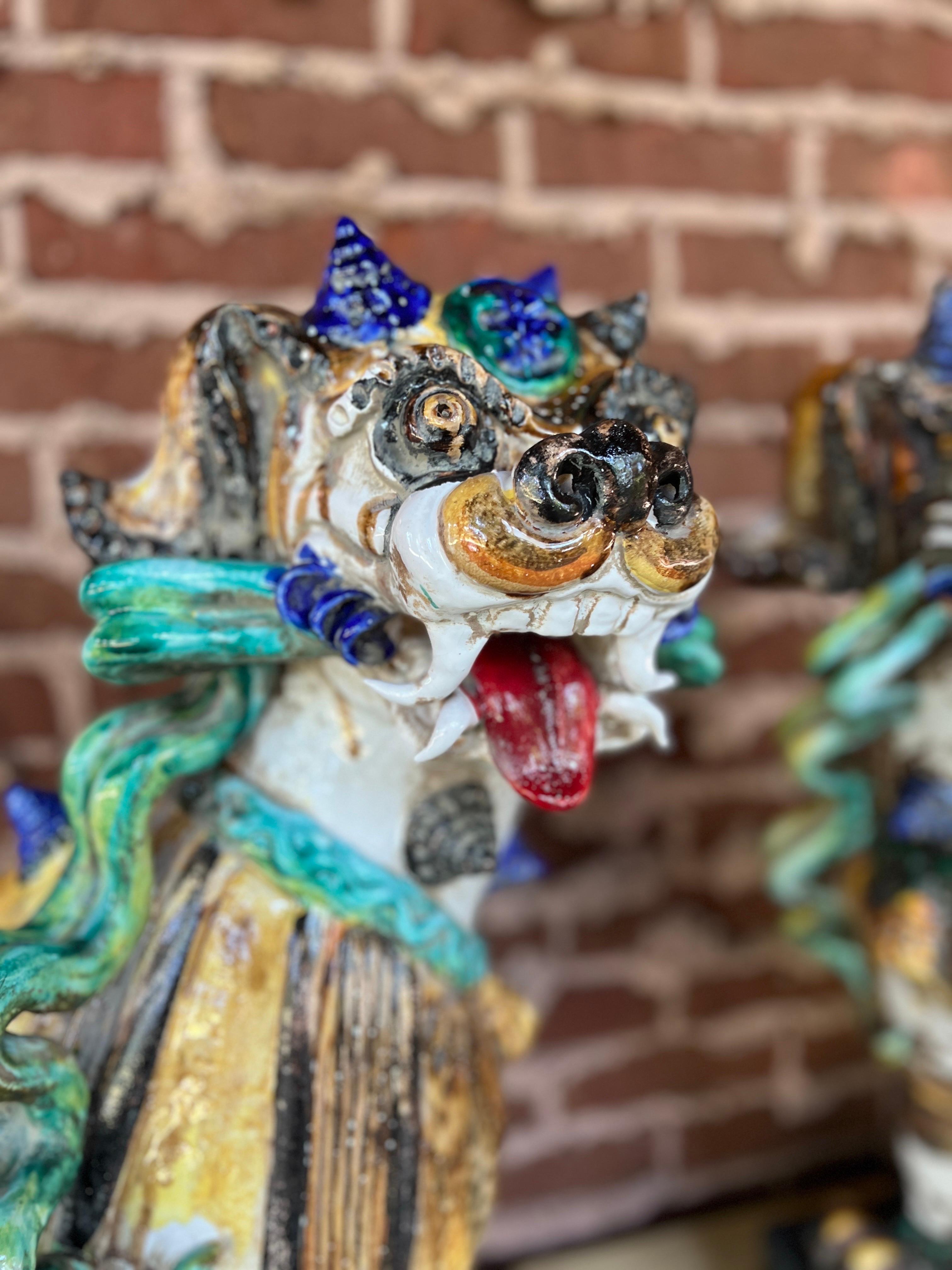 20th Century Large Scale Pair of Antique Majolica Ceramic Glazed Guardian Lions or Foo Dogs