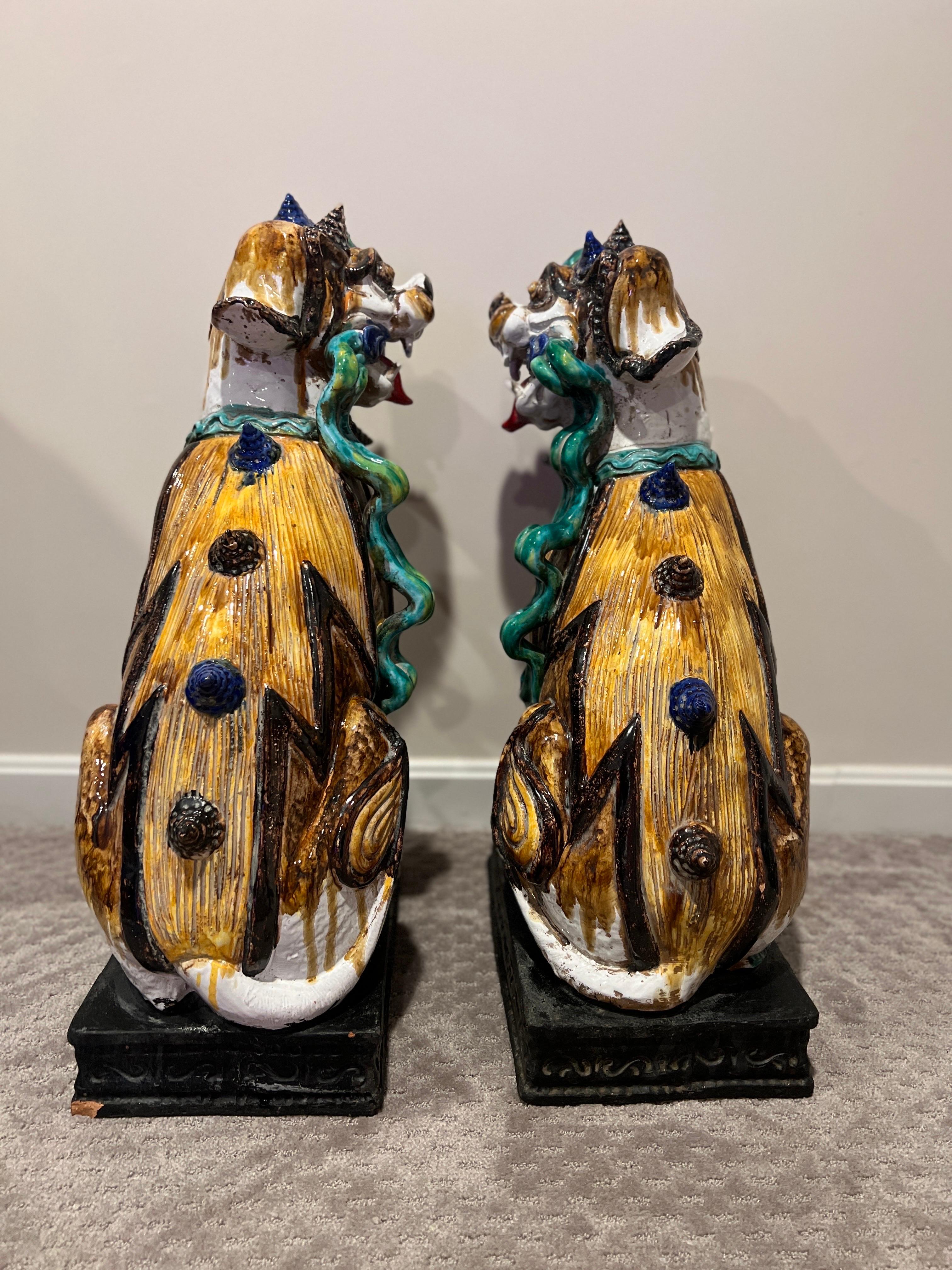 20th Century Large Scale Pair of Antique Majolica Ceramic Glazed Guardian Lions or Foo Dogs For Sale