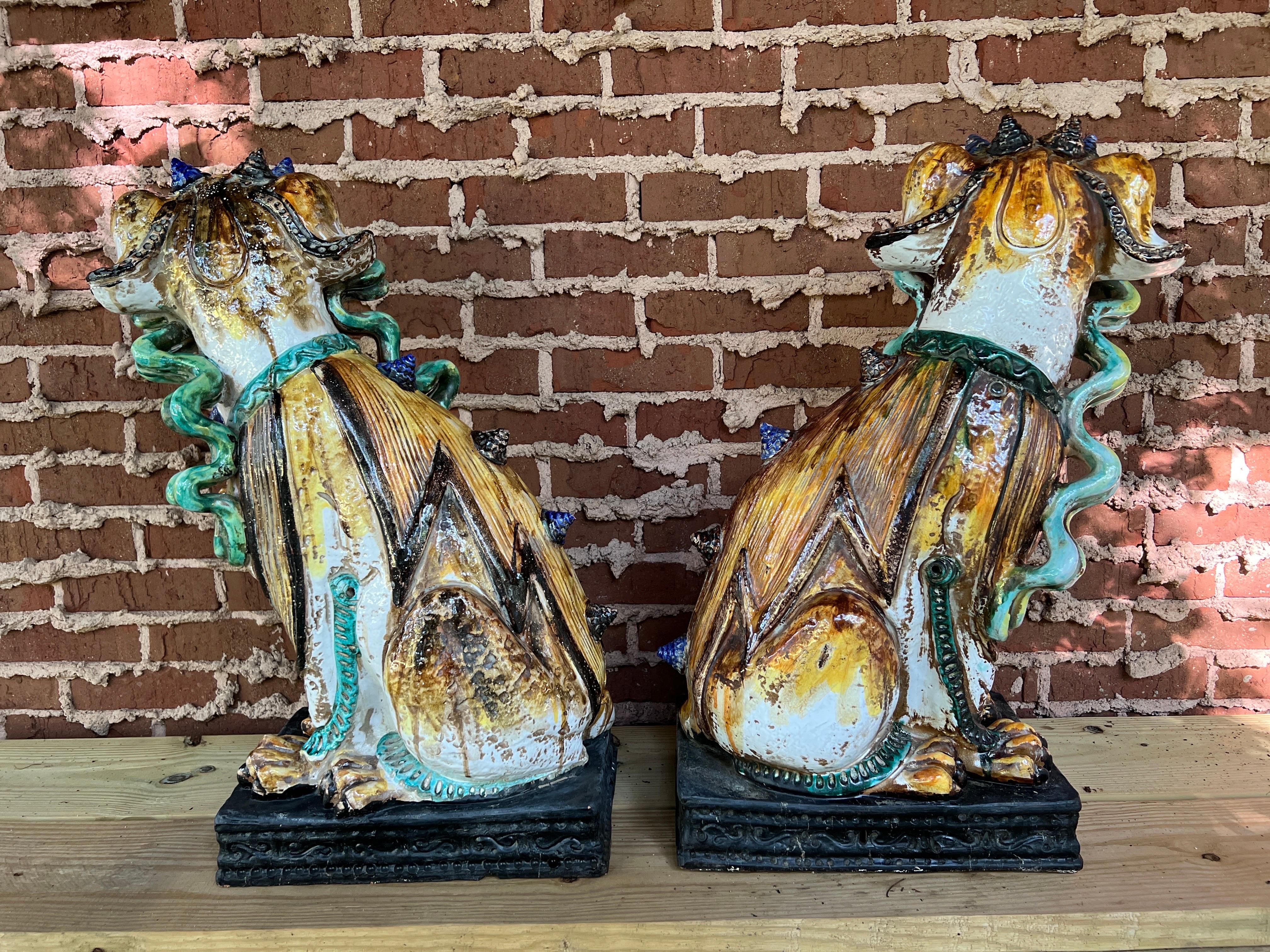 Large Scale Pair of Antique Majolica Ceramic Glazed Guardian Lions or Foo Dogs 2