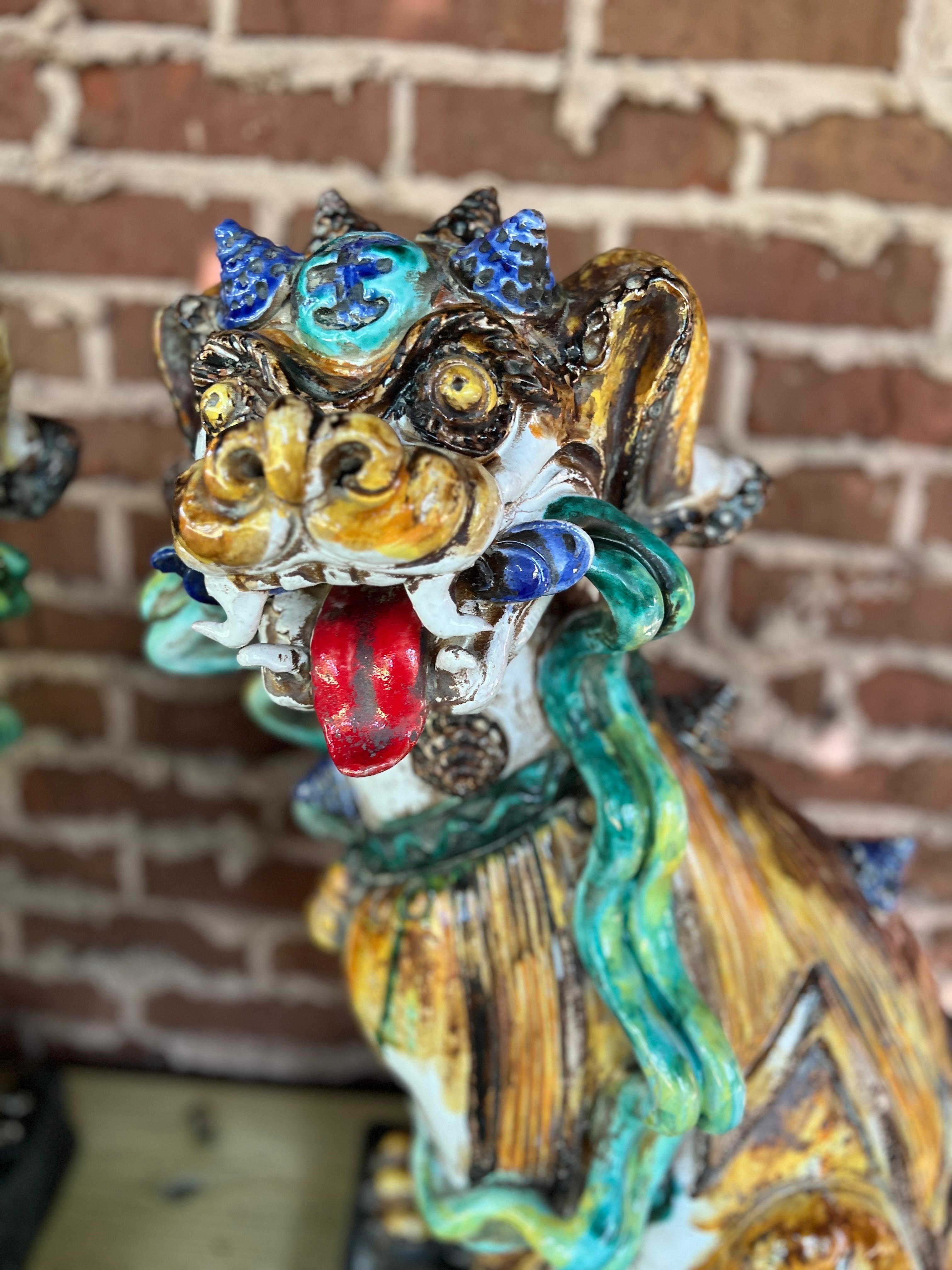 Large Scale Pair of Antique Majolica Ceramic Glazed Guardian Lions or Foo Dogs 3