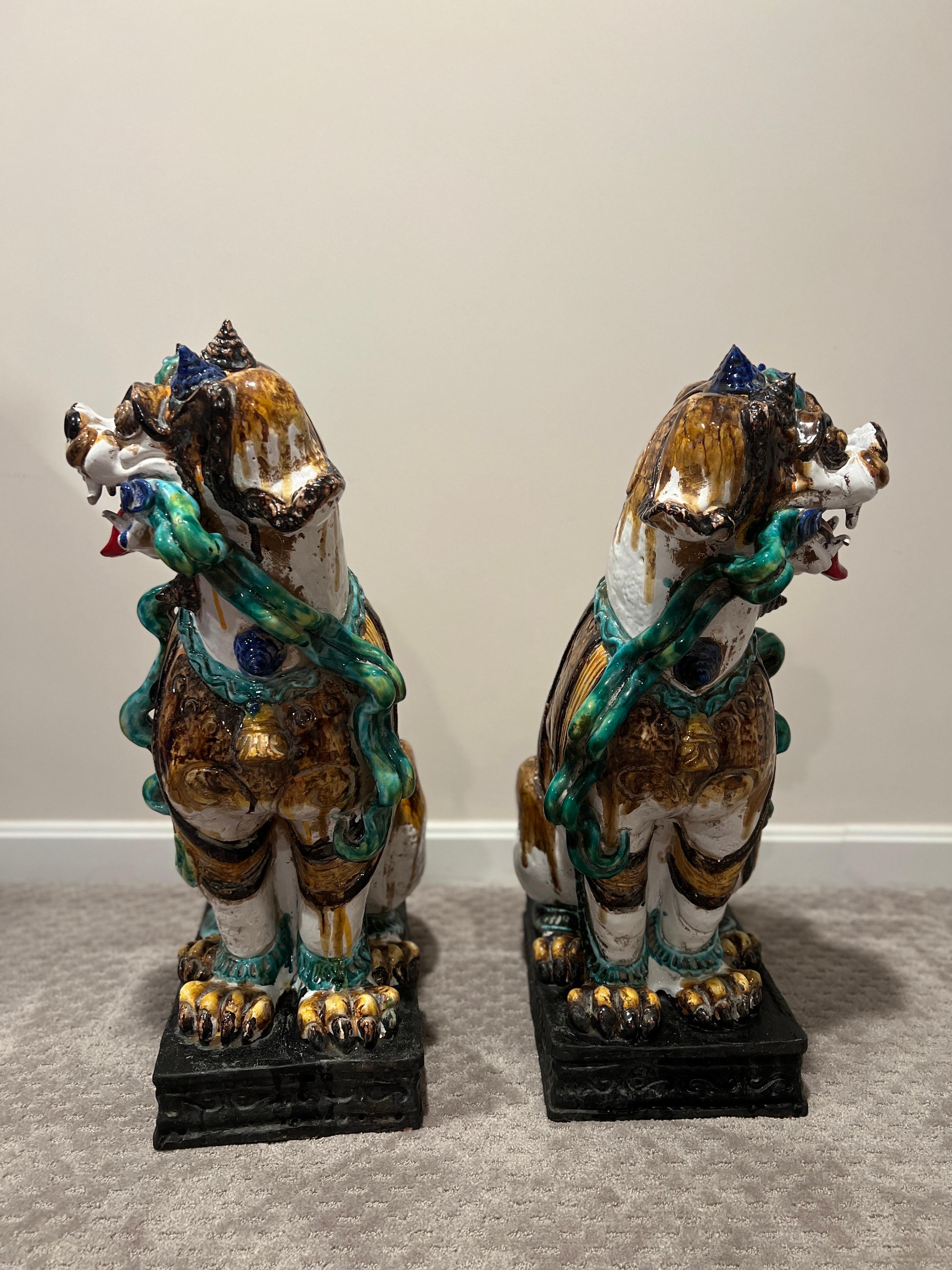 Large Scale Pair of Antique Majolica Ceramic Glazed Guardian Lions or Foo Dogs For Sale 2