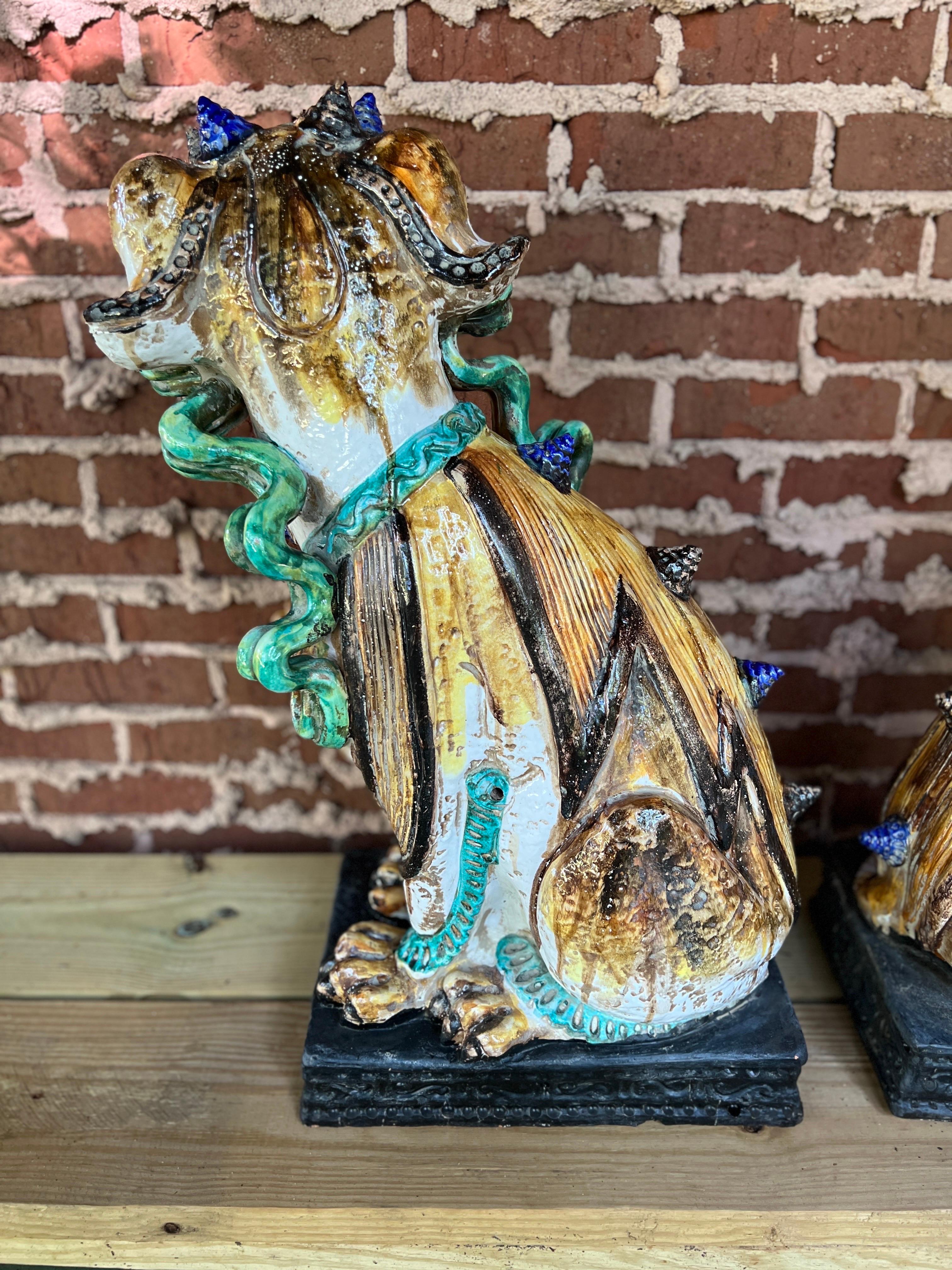 Large Scale Pair of Antique Majolica Ceramic Glazed Guardian Lions or Foo Dogs 4