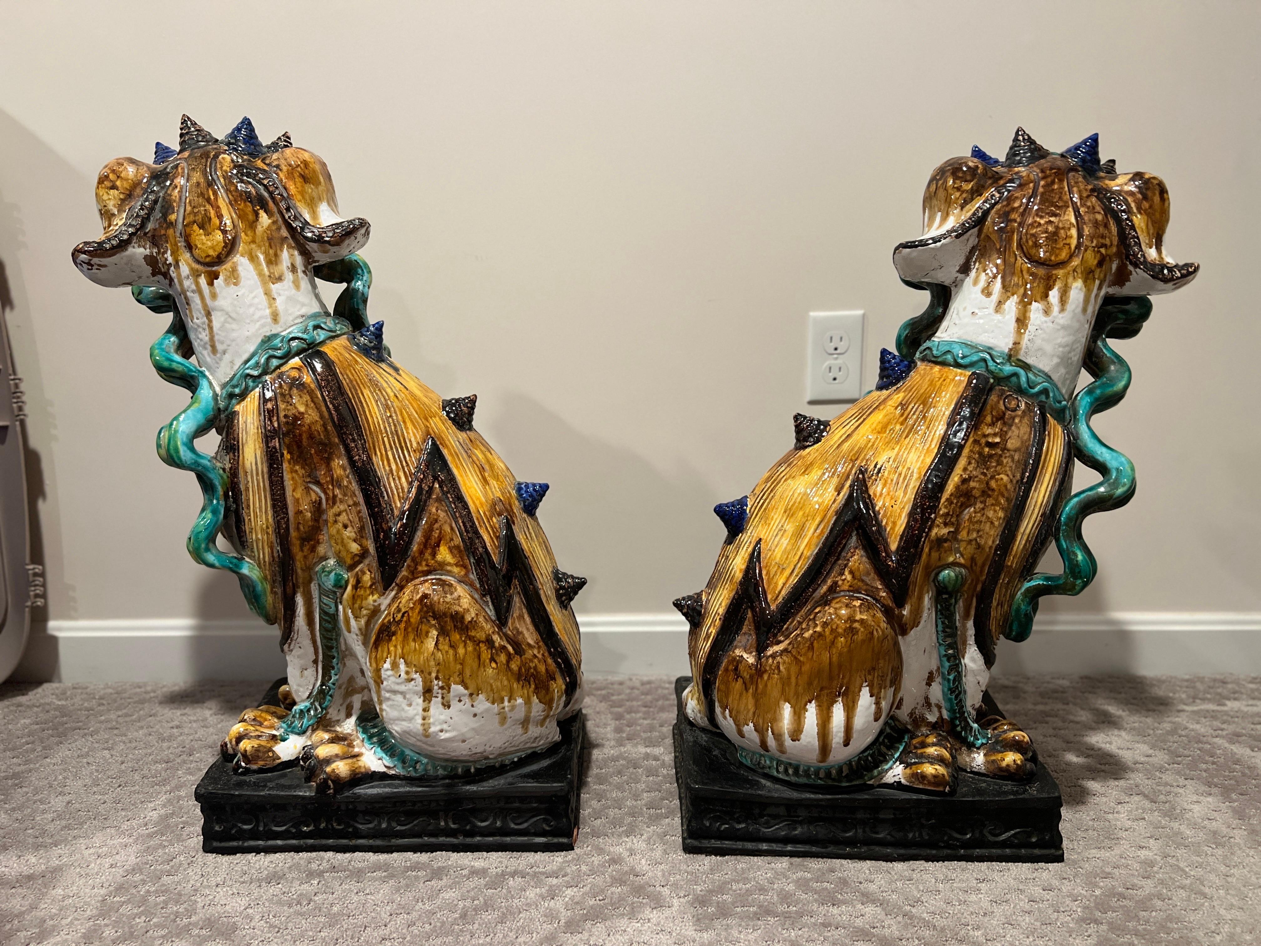 Large Scale Pair of Antique Majolica Ceramic Glazed Guardian Lions or Foo Dogs For Sale 3