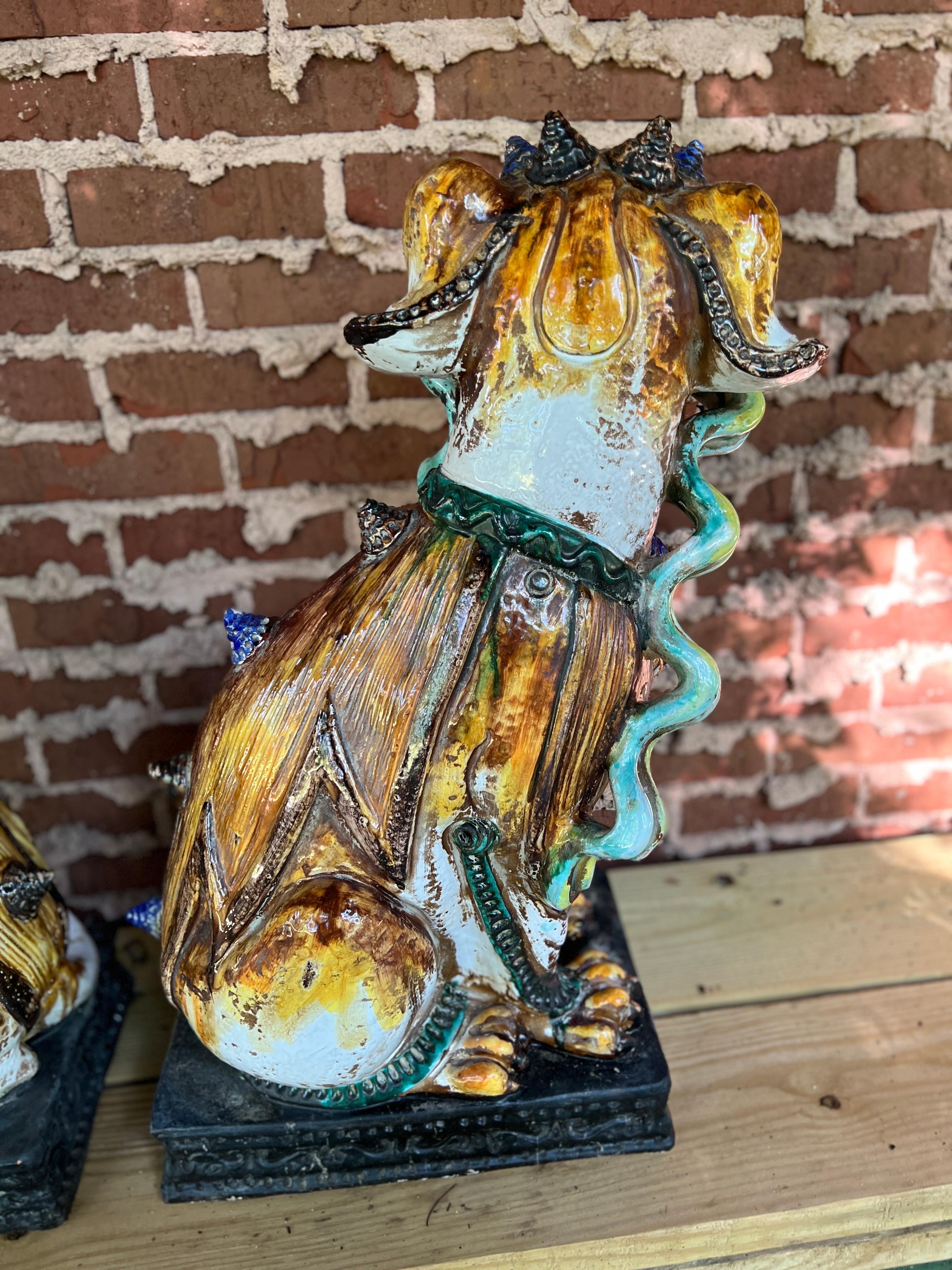 Large Scale Pair of Antique Majolica Ceramic Glazed Guardian Lions or Foo Dogs 5