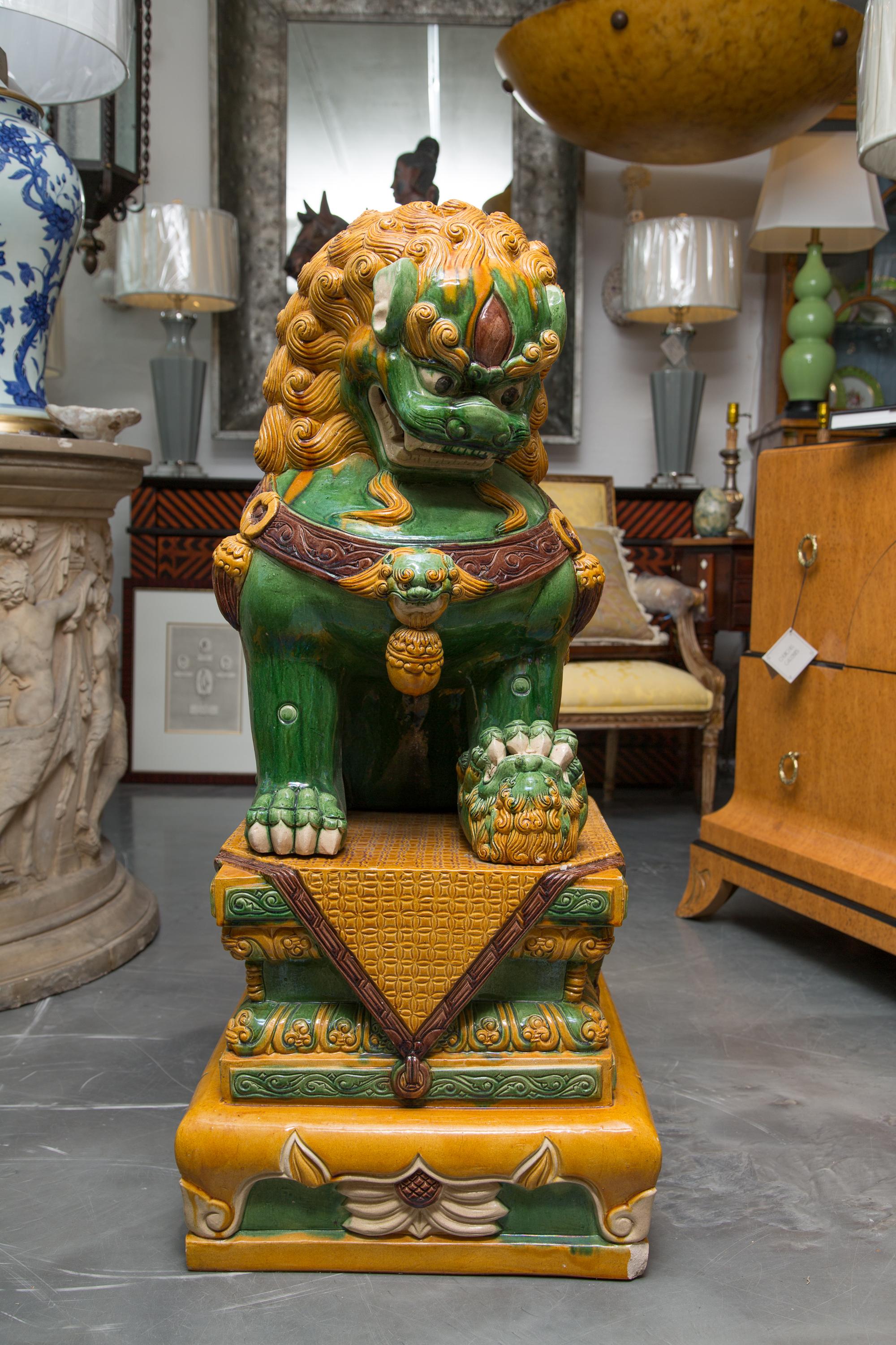 Earthenware Large Scale Pair of Colorful Foo Dogs