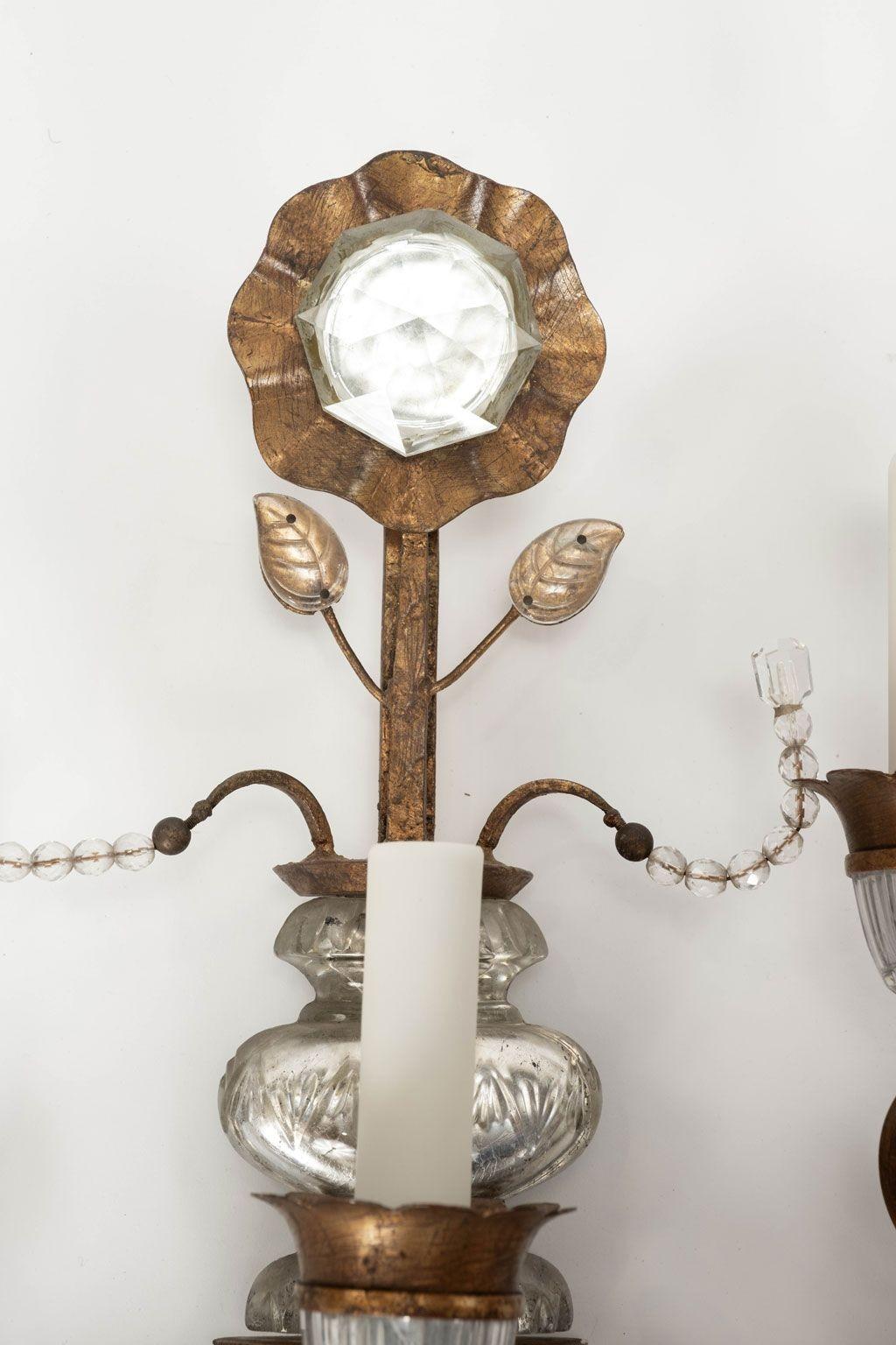 Large-Scale Pair of Gilt-Iron and Crystal Sconces For Sale 5