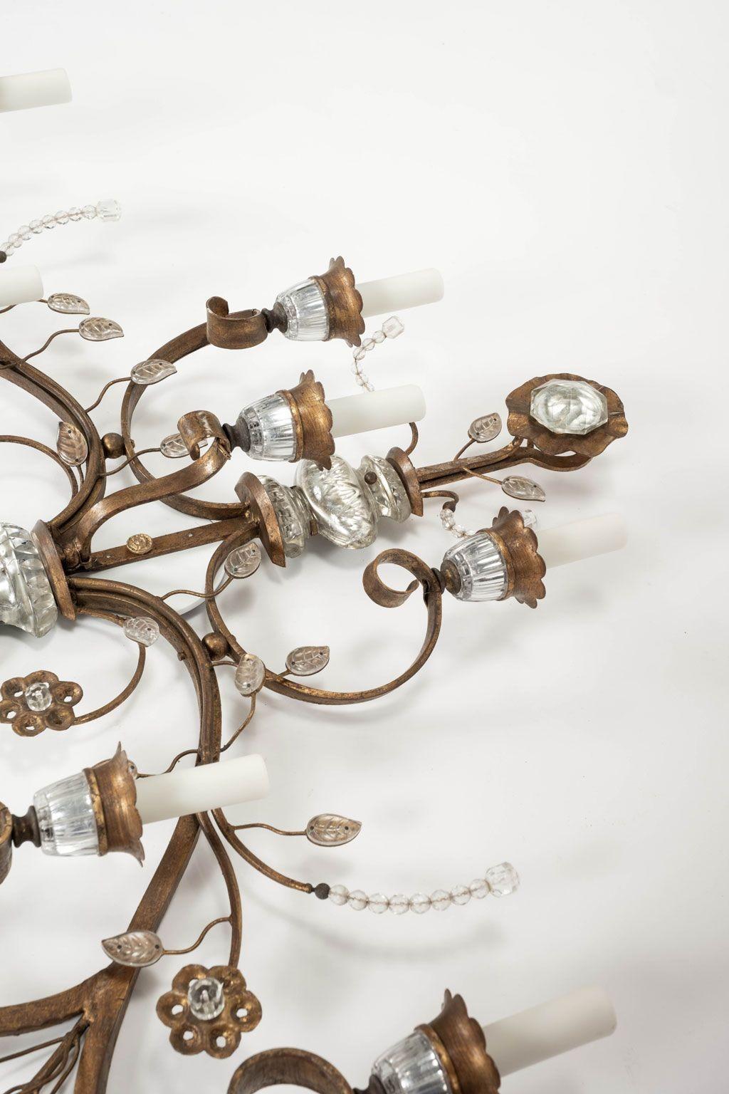 Large-Scale Pair of Gilt-Iron and Crystal Sconces For Sale 7