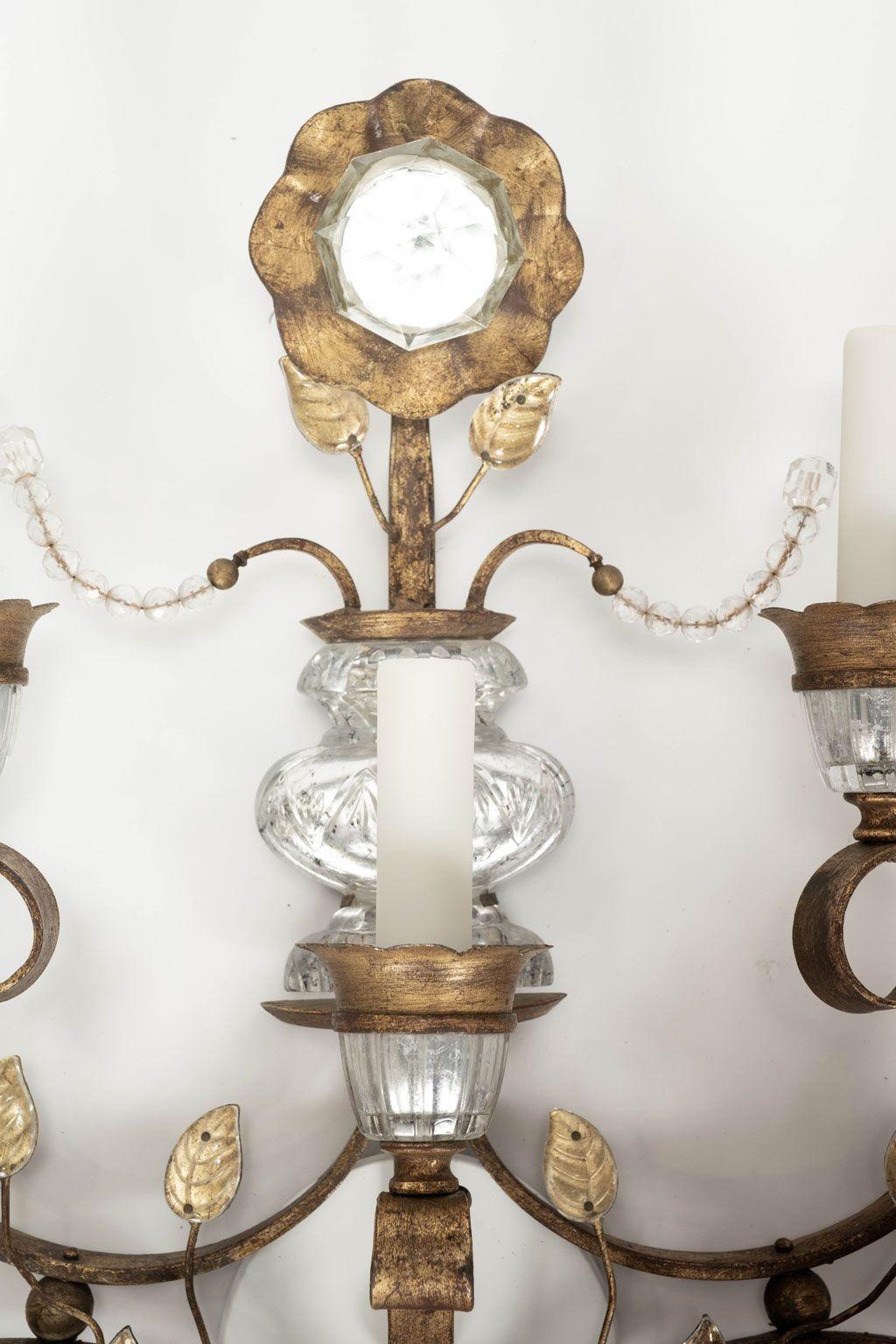 Large-Scale Pair of Gilt-Iron and Crystal Sconces In Good Condition For Sale In Houston, TX