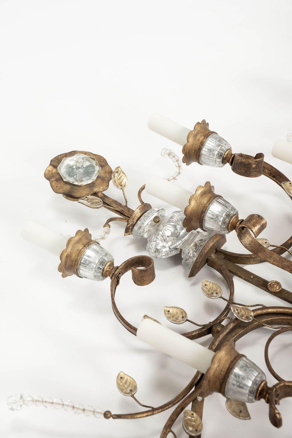20th Century Large-Scale Pair of Gilt-Iron and Crystal Sconces For Sale