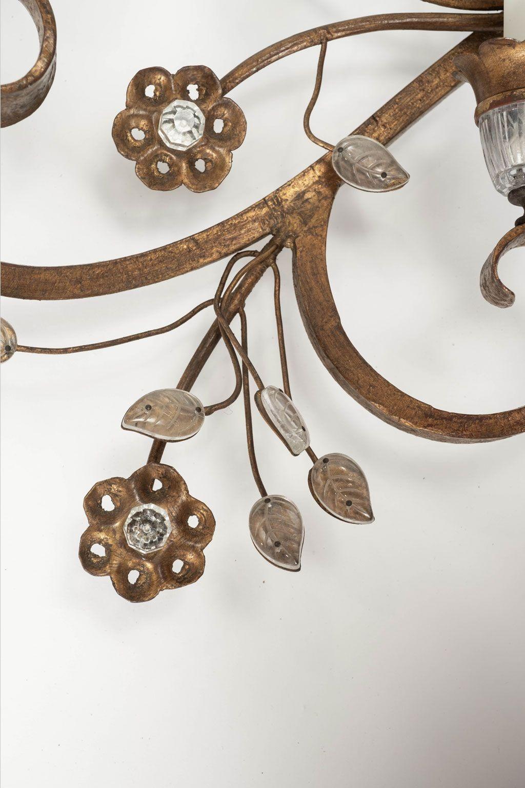 Large-Scale Pair of Gilt-Iron and Crystal Sconces For Sale 1