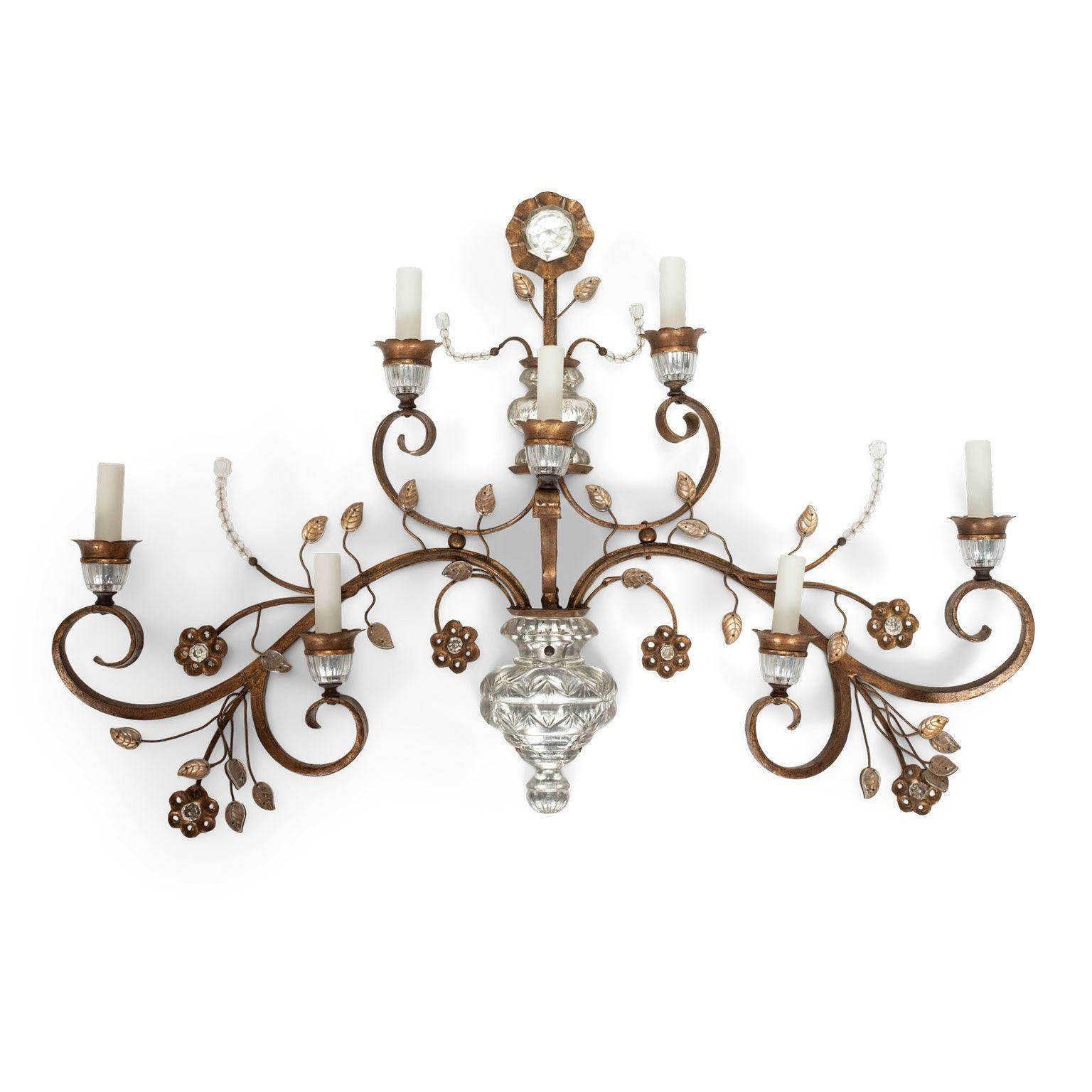 Large-Scale Pair of Gilt-Iron and Crystal Sconces For Sale 2