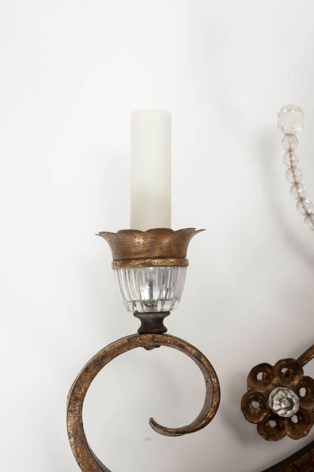 Large-Scale Pair of Gilt-Iron and Crystal Sconces For Sale 3