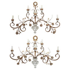 Large-Scale Pair of Gilt-Iron and Crystal Sconces