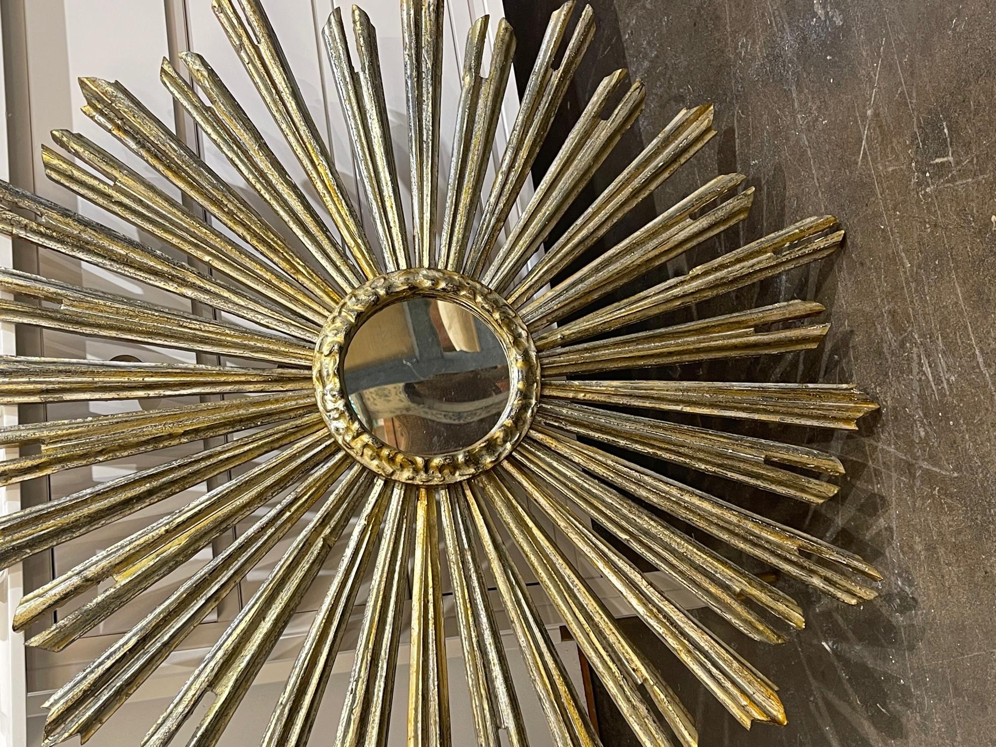 Large Scale Pair of Italian Carved Silver and Gold Sunbursts with Mirrors In Good Condition In Dallas, TX