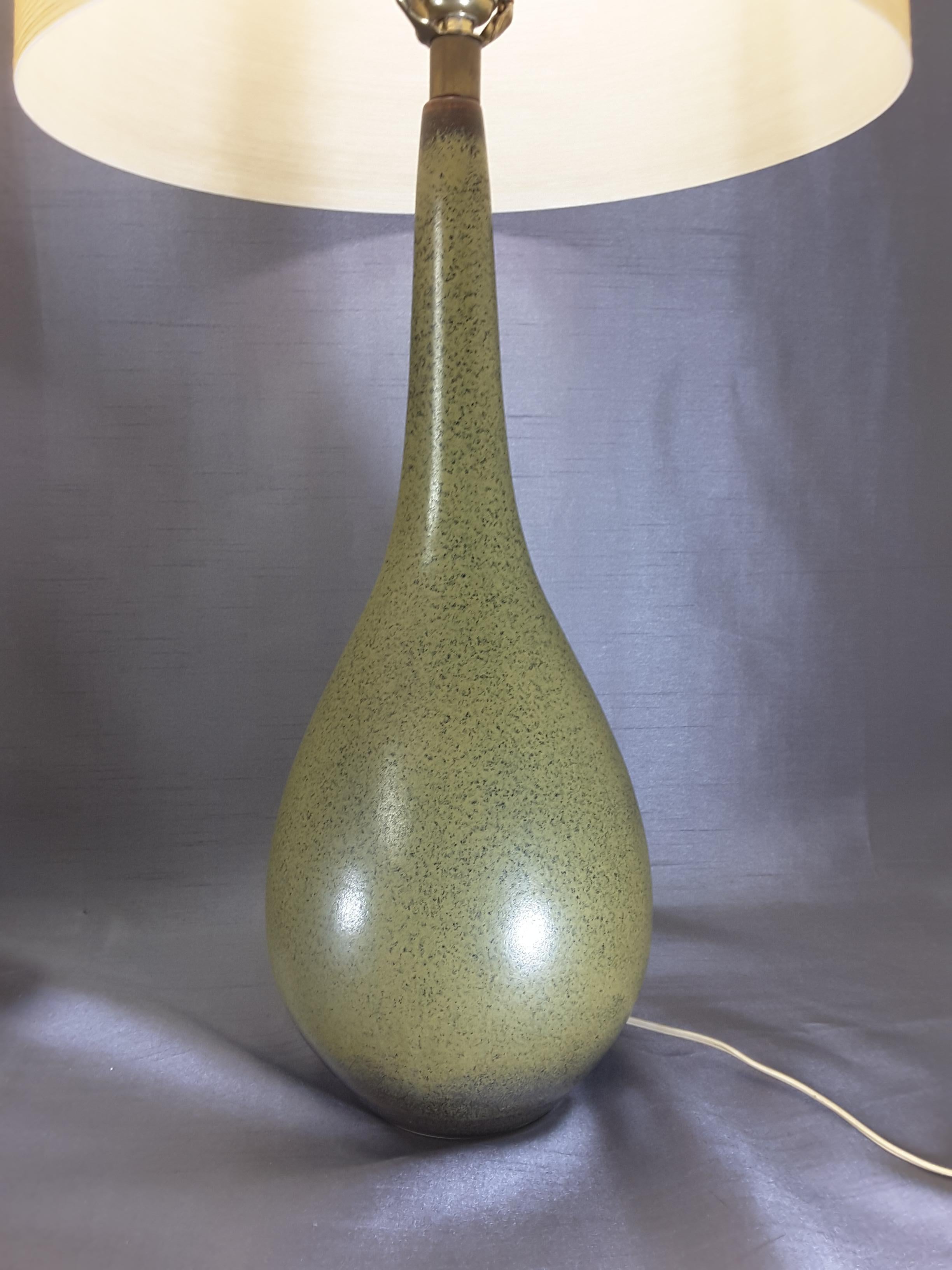 Large Scale Pair of Lotte & Gunnar Bostlund Forest Green Table Lamps, Circa 1960. 
Stunning in color, size and design. The stoneware bases are in a large bulbous shape, Deep forest green with mottled black specks. The lamps retain their original