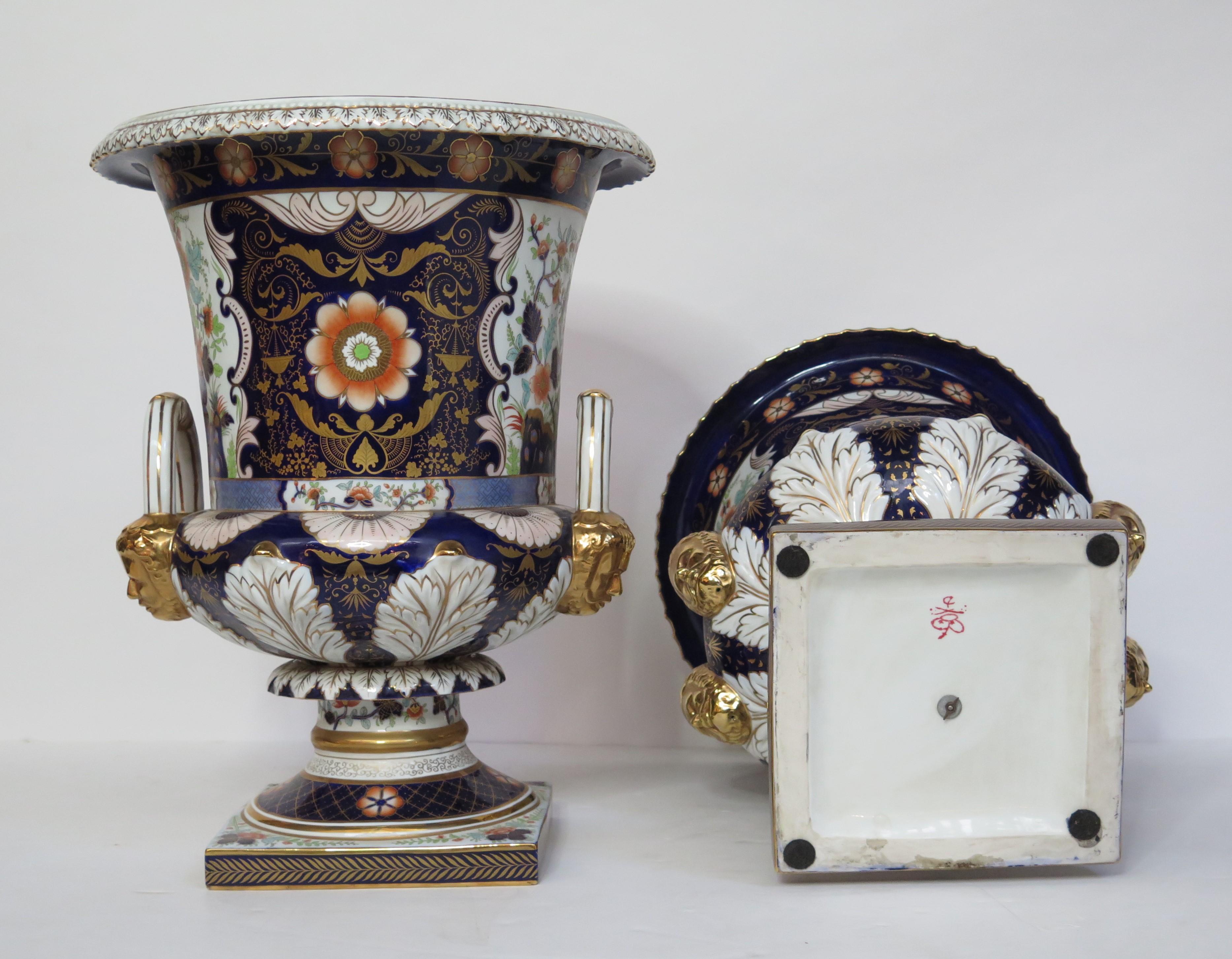 Hand-Painted Large Scale Pair of Royal Crown Derby Style Campana Urns