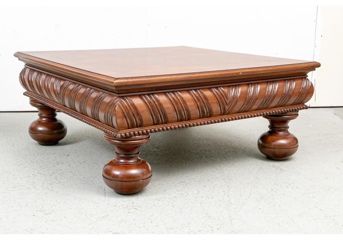 Carved Large Scale Parquet Wood Low Table For Sale