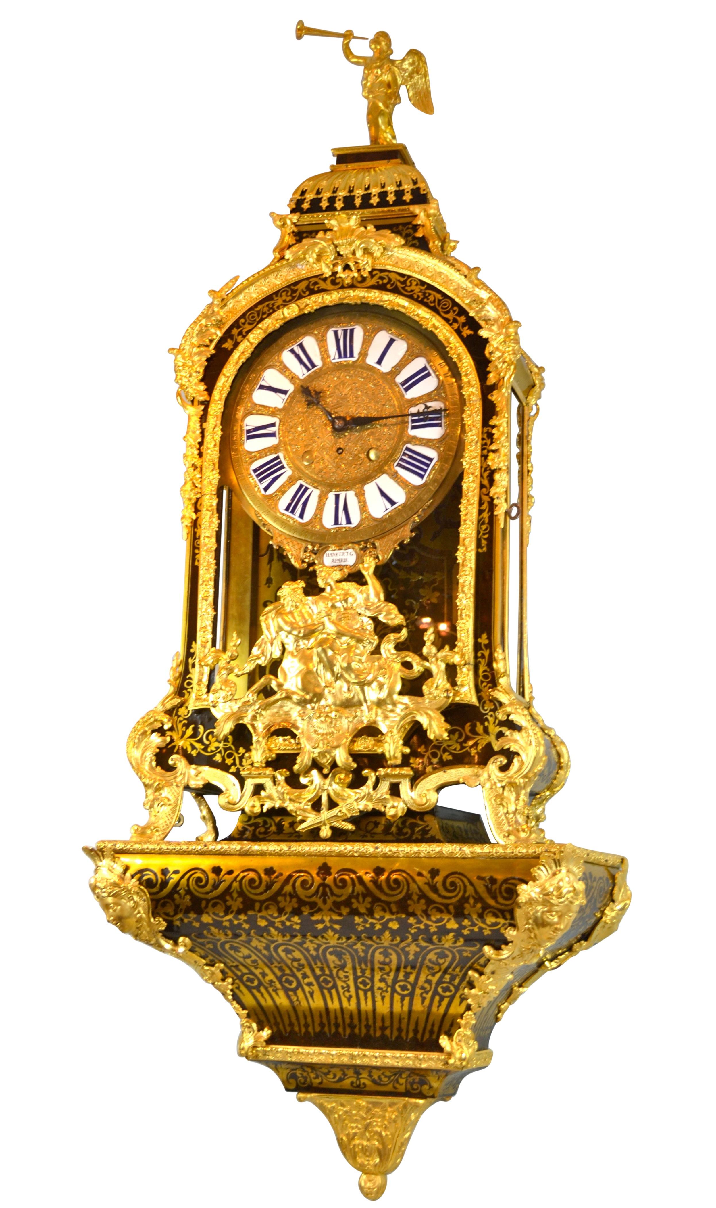 Carved Large Scale Period Louis XIV Boulle Cartel Clock with Matching Plinth/Bracket For Sale