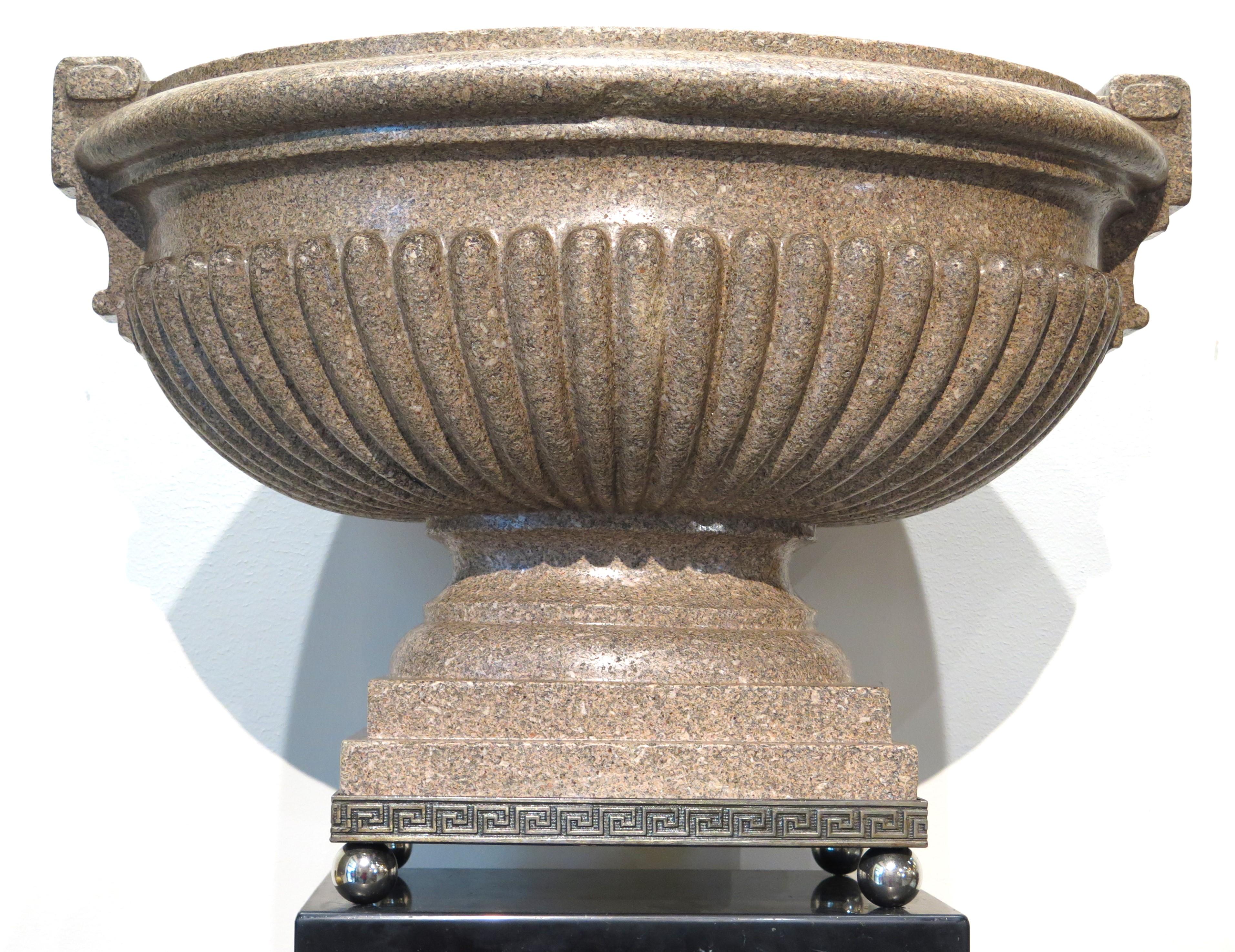 Hand-Carved Large Scale Pink Granite Urn-Form Jardiniere For Sale