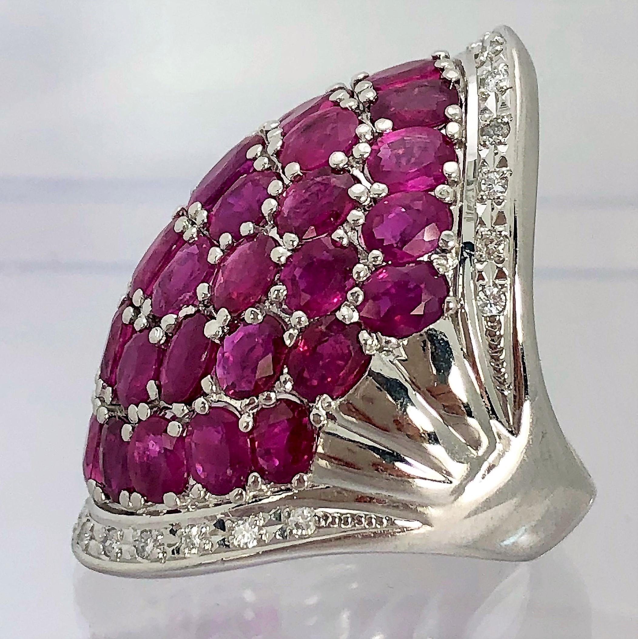 Large Scale Platinum Cocktail Ring with Diamonds and Rubies In Excellent Condition In Palm Beach, FL