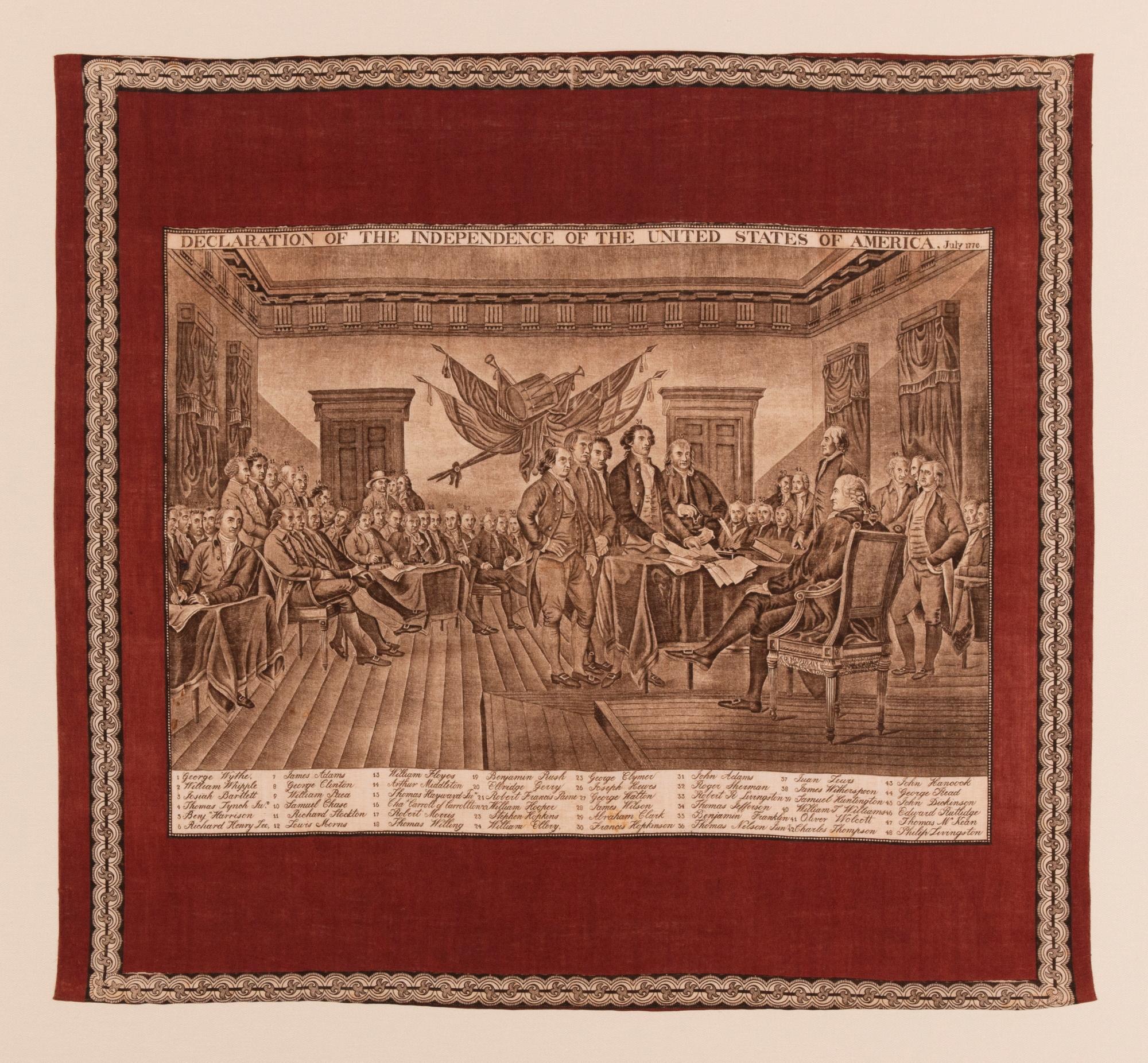 Rare, large scale Kerchief with a beautifully engraved image of John Trumbull’s “declaration of independence,” likely made in 1826 for our nations Semi centennial (50th anniversary); the only example I have ever seen of this exceptionally rare